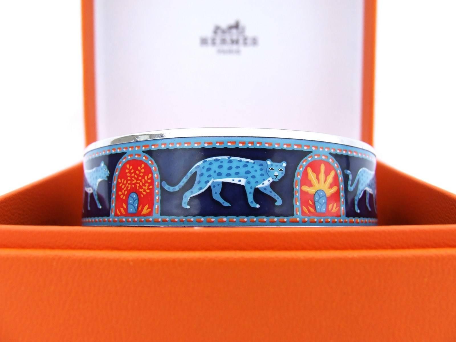 Hermes Enamel Printed Bracelet Panthers Blue Phw Size 65 3