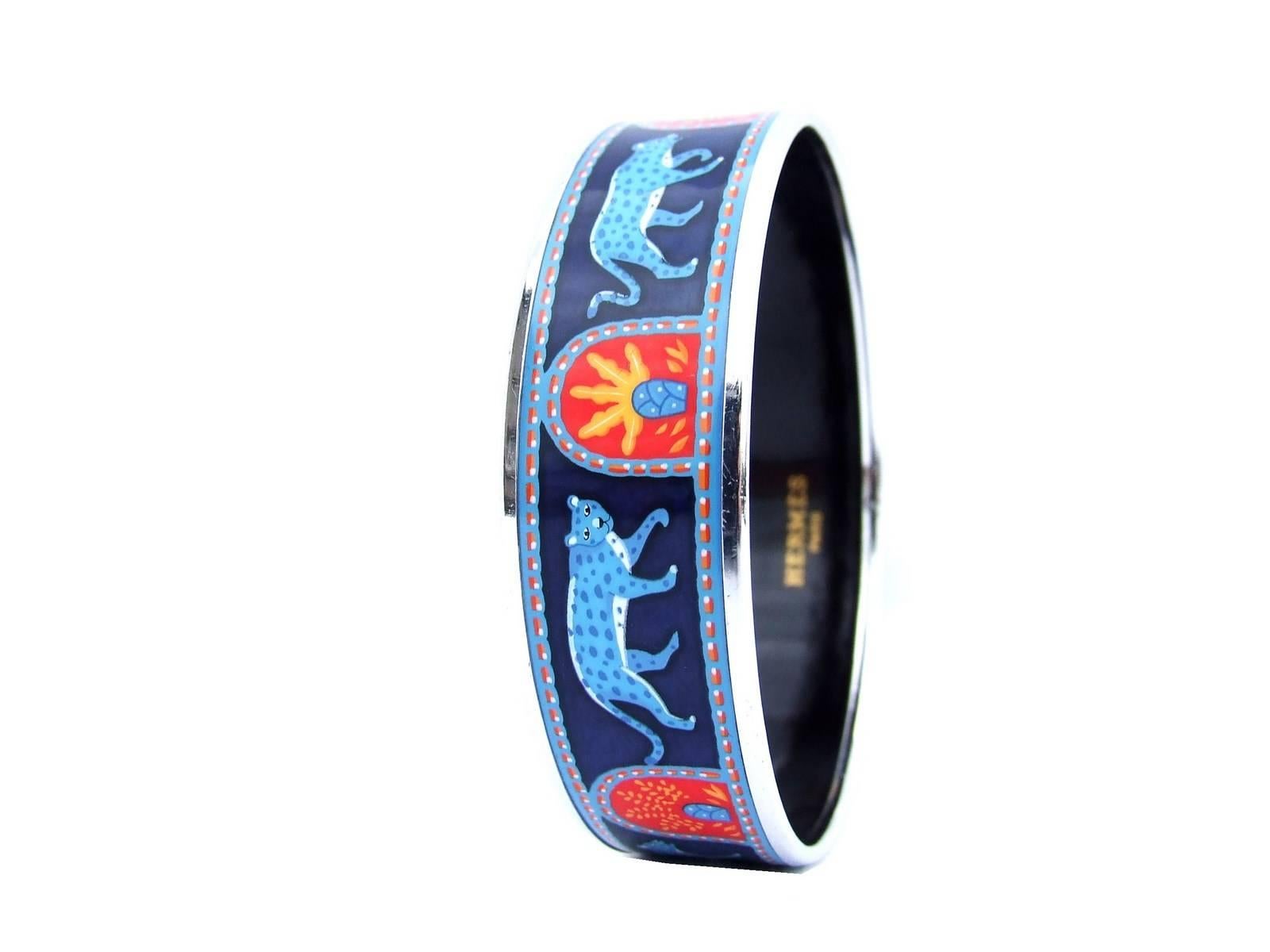 Hermes Enamel Printed Bracelet Panthers Blue Phw Size 65 4