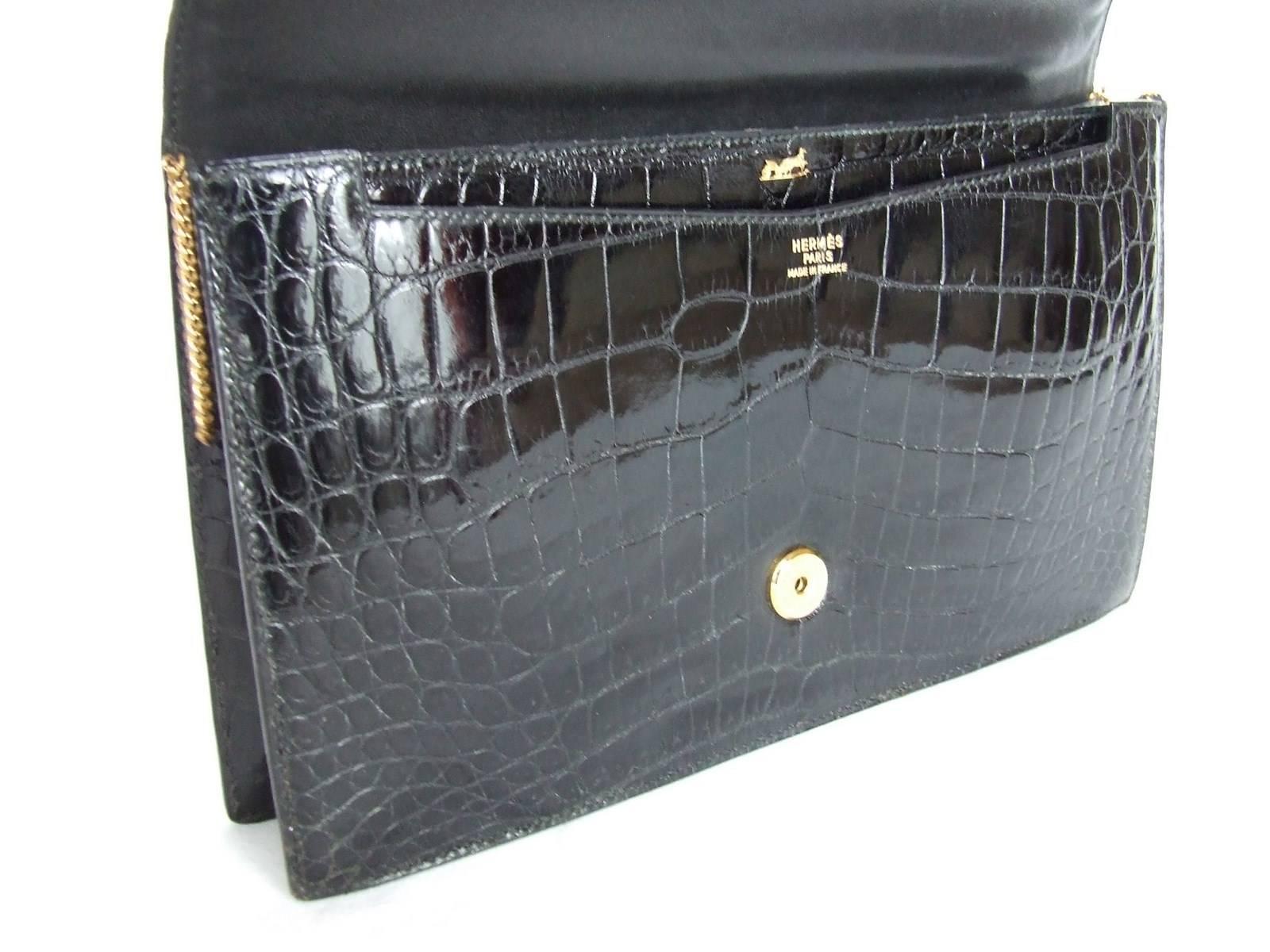 Hermès Lydie Bag Clutch 2-Wege Black Shiny Crocodile Ghw New Shoulder Strap (Schwarz)