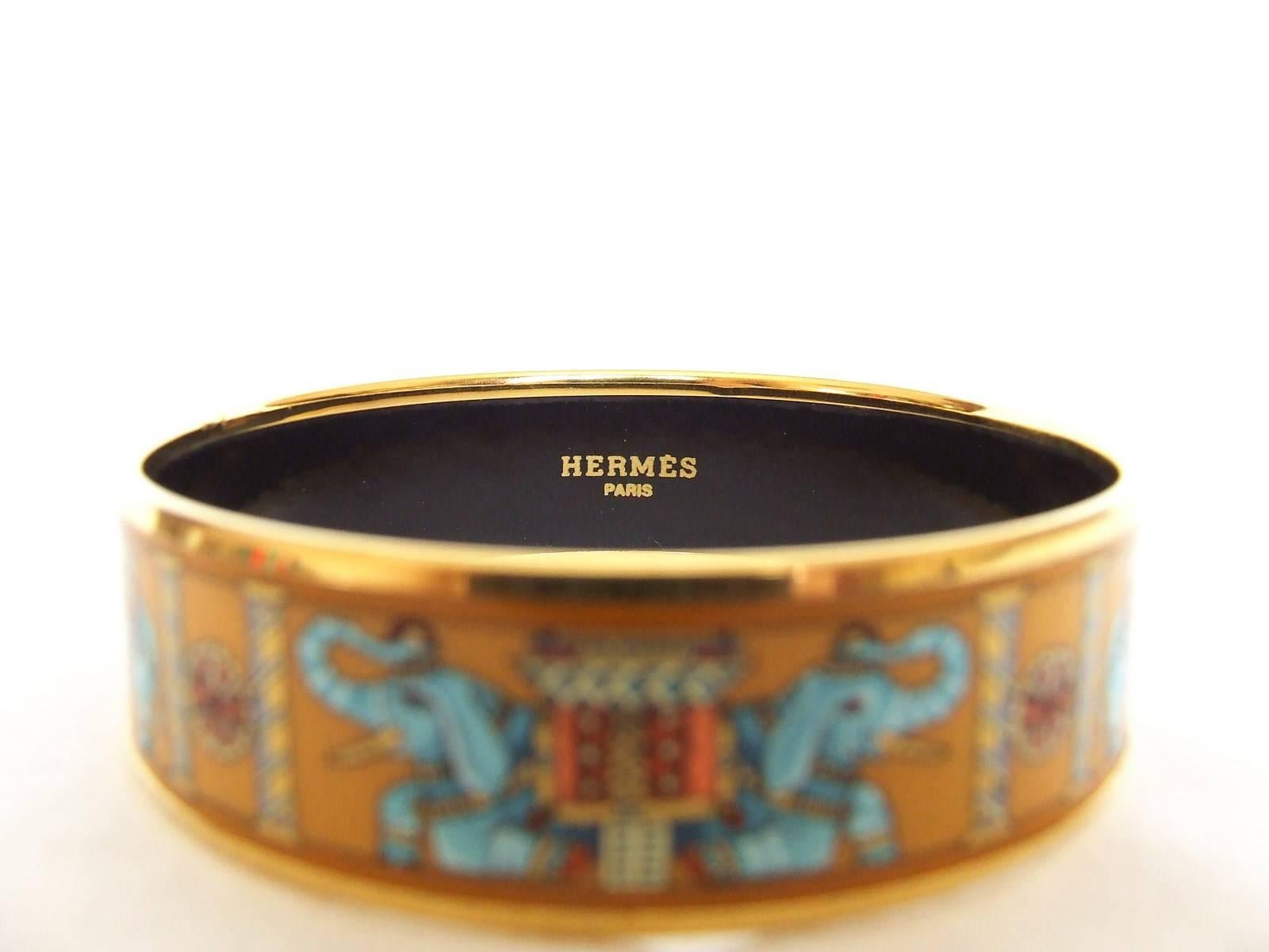 Women's Hermes Enamel Printed Bracelet Torana Elephants Yellow GHW PM 65