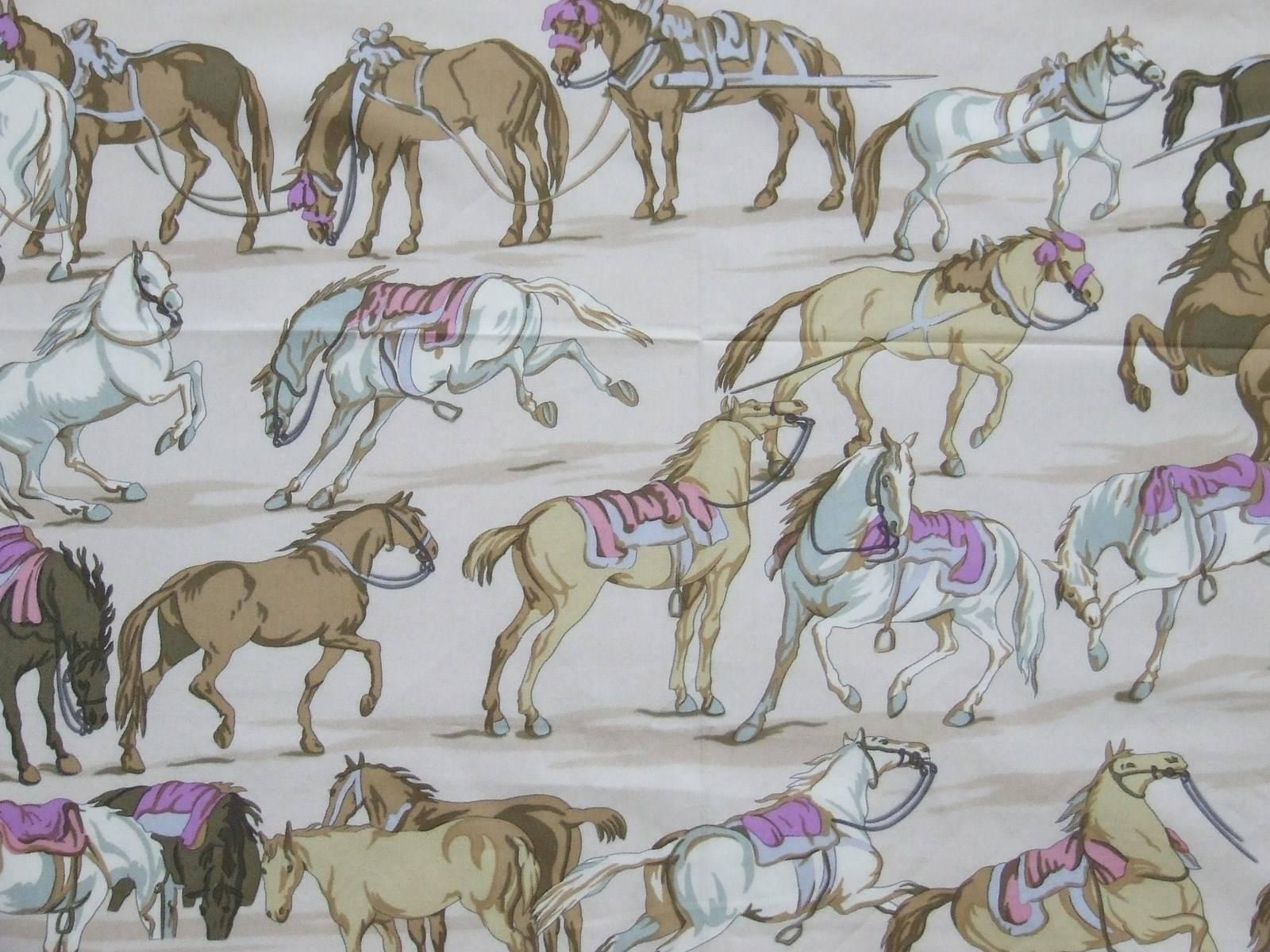 BEAUTIFUL AND RARE AUTHENTIC HERMES SCARF

Pattern: Chevaux (Horses) d'Apres Van Der MEULEN

Made in France

Designed by Hugo Grygkor in 1951. Reissued in 2004

Made of 100% Cotton

Colors: Beige Background, Blue, White, Pink, Beige,