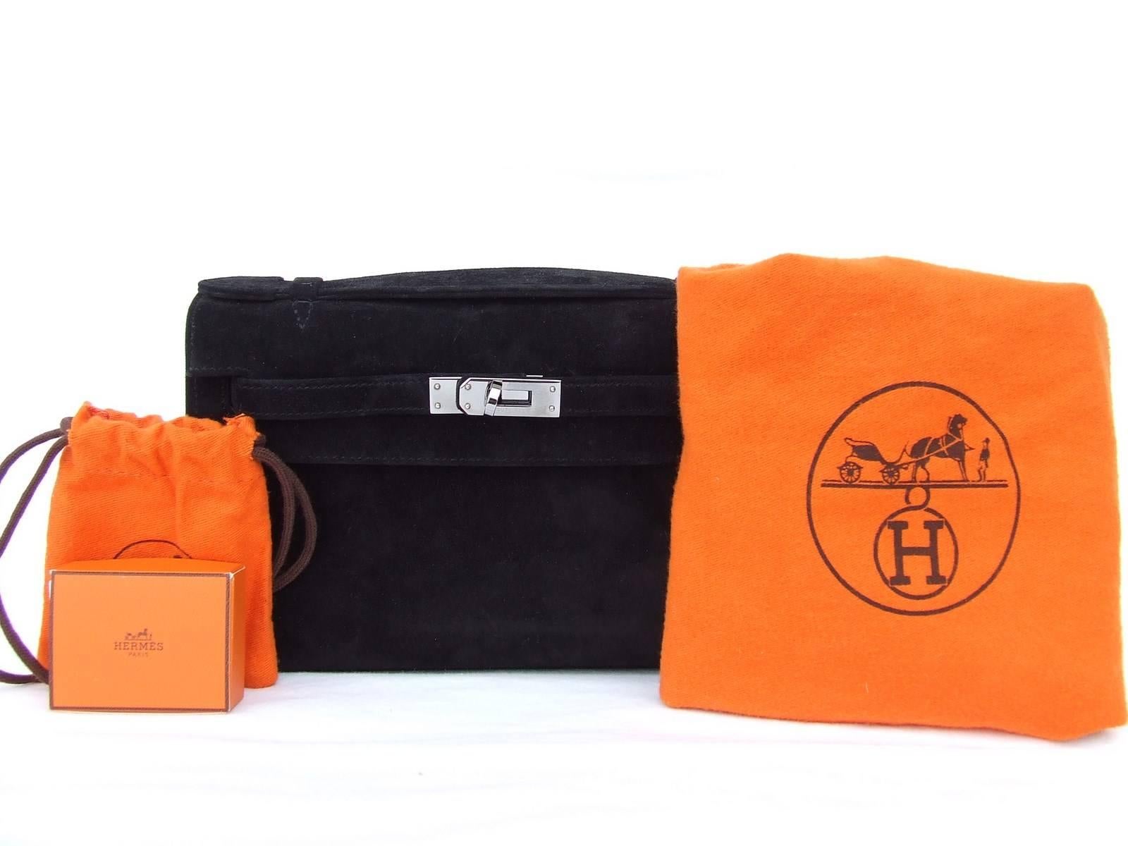 Hermes Kelly Pochette Handbag Black Doblis Suede Plus Eraser 7