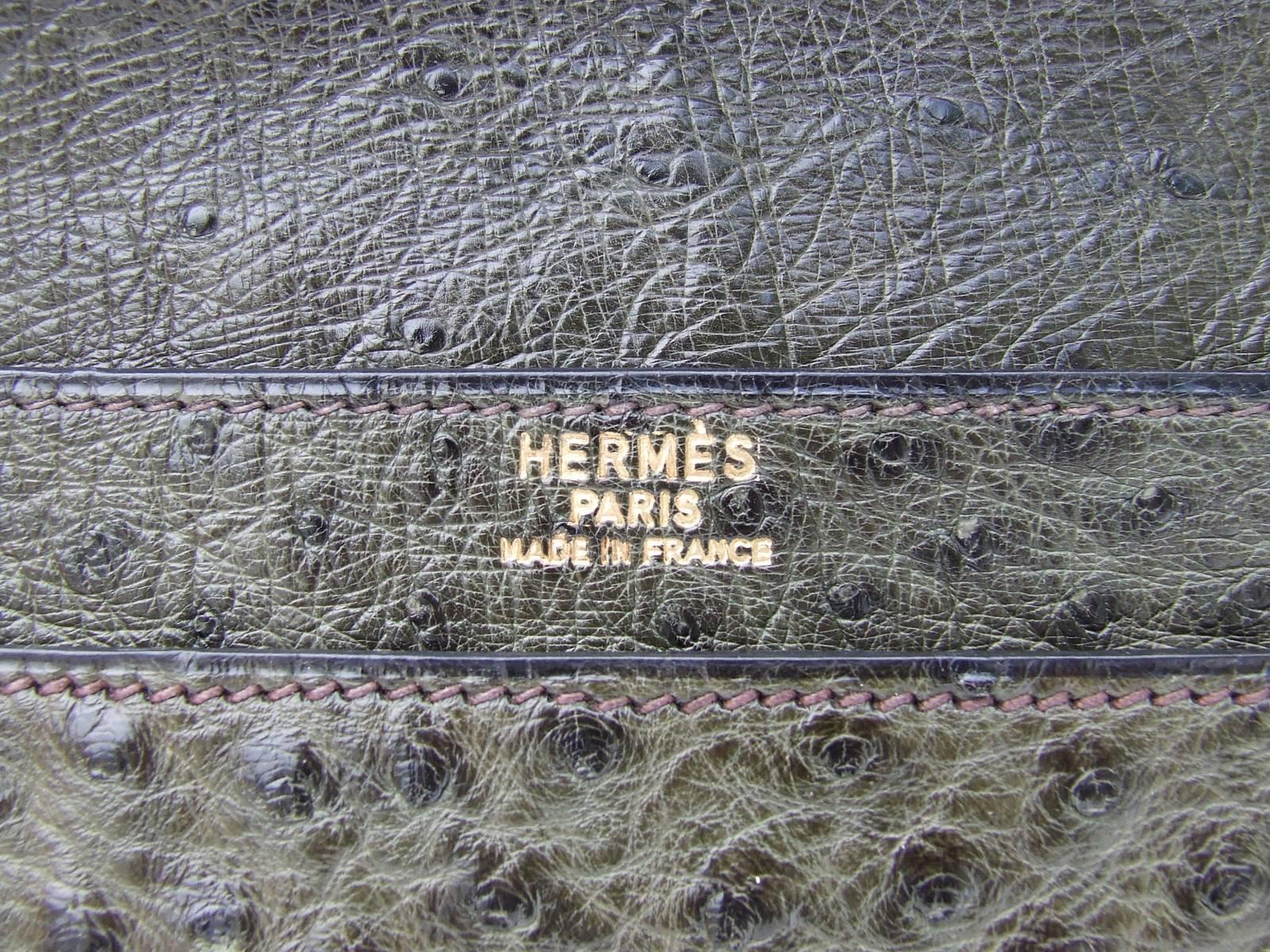 Gray Hermes Briefcase Attache Clutch Pochette Olive Green Ostrich RARE
