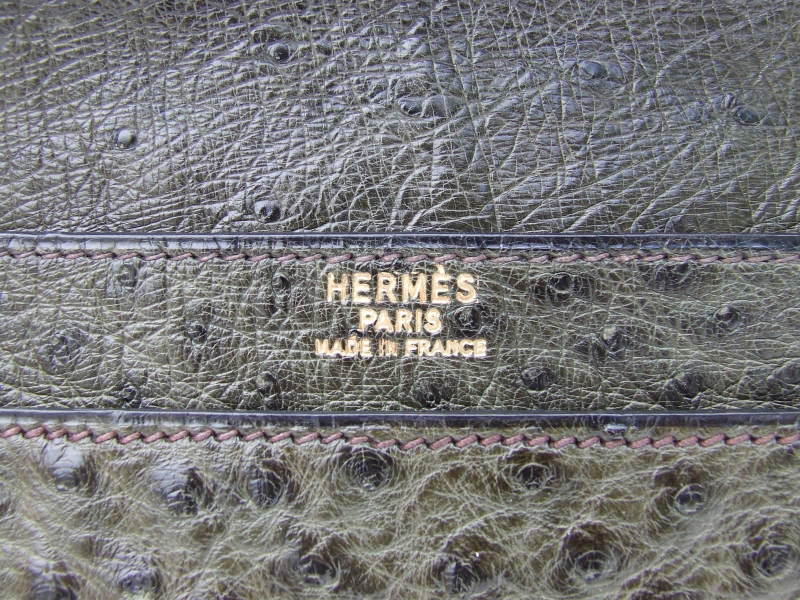 Gray Hermes Briefcase Attache Clutch Pochette Olive Green Ostrich RARE