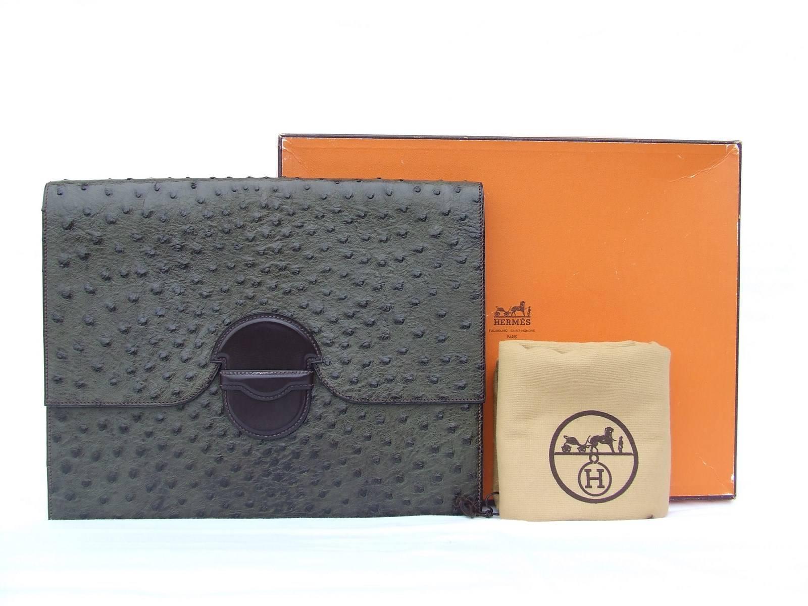 Hermes Briefcase Attache Clutch Pochette Olive Green Ostrich RARE 6