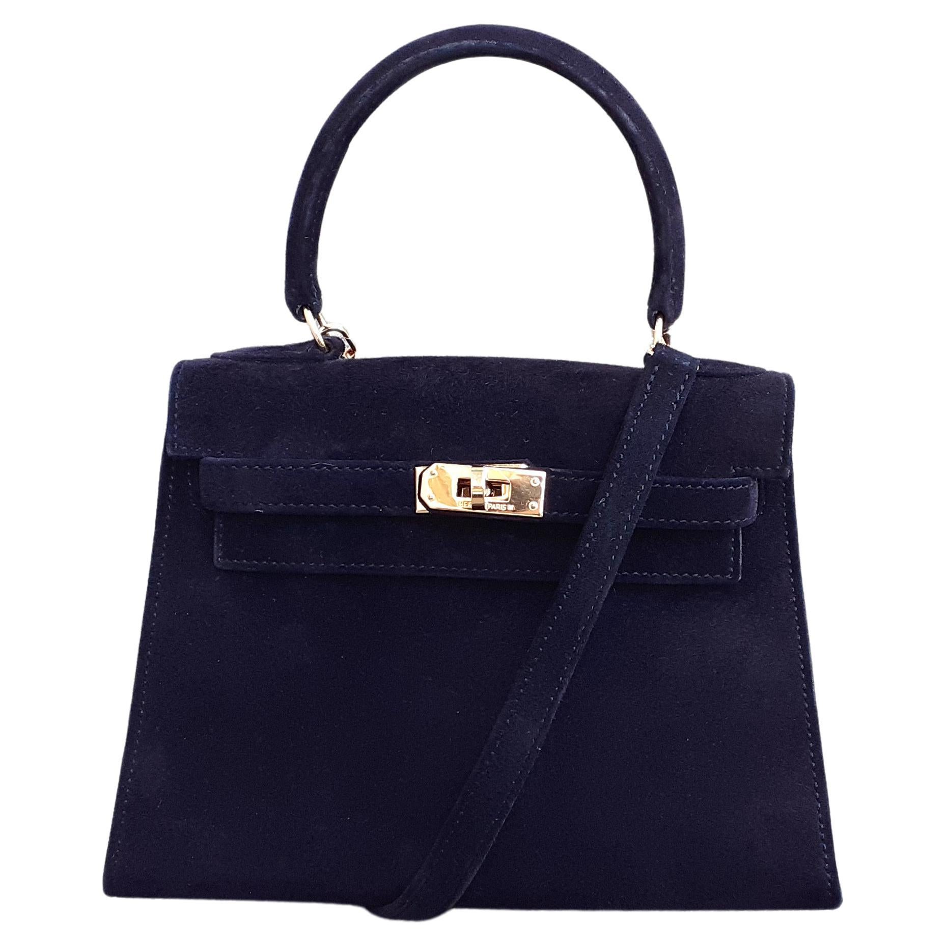 Rare Hermès Mini Kelly 20 cm Sellier Bag Full Doblis Suede Black Ghw