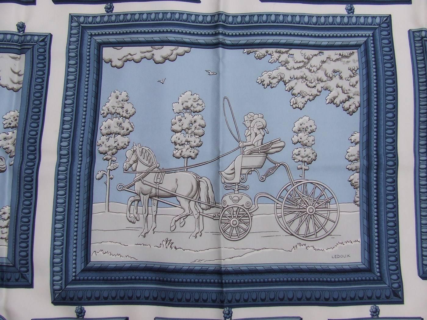 Gray Hermes Vintage Silk Scarf WEDGWOOD by Ledoux Blue White 90 cm