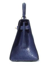 Exceptionnel Hermes Mini Kelly 20 cm Sac 3 voies Lézard Bleu Or Hdw