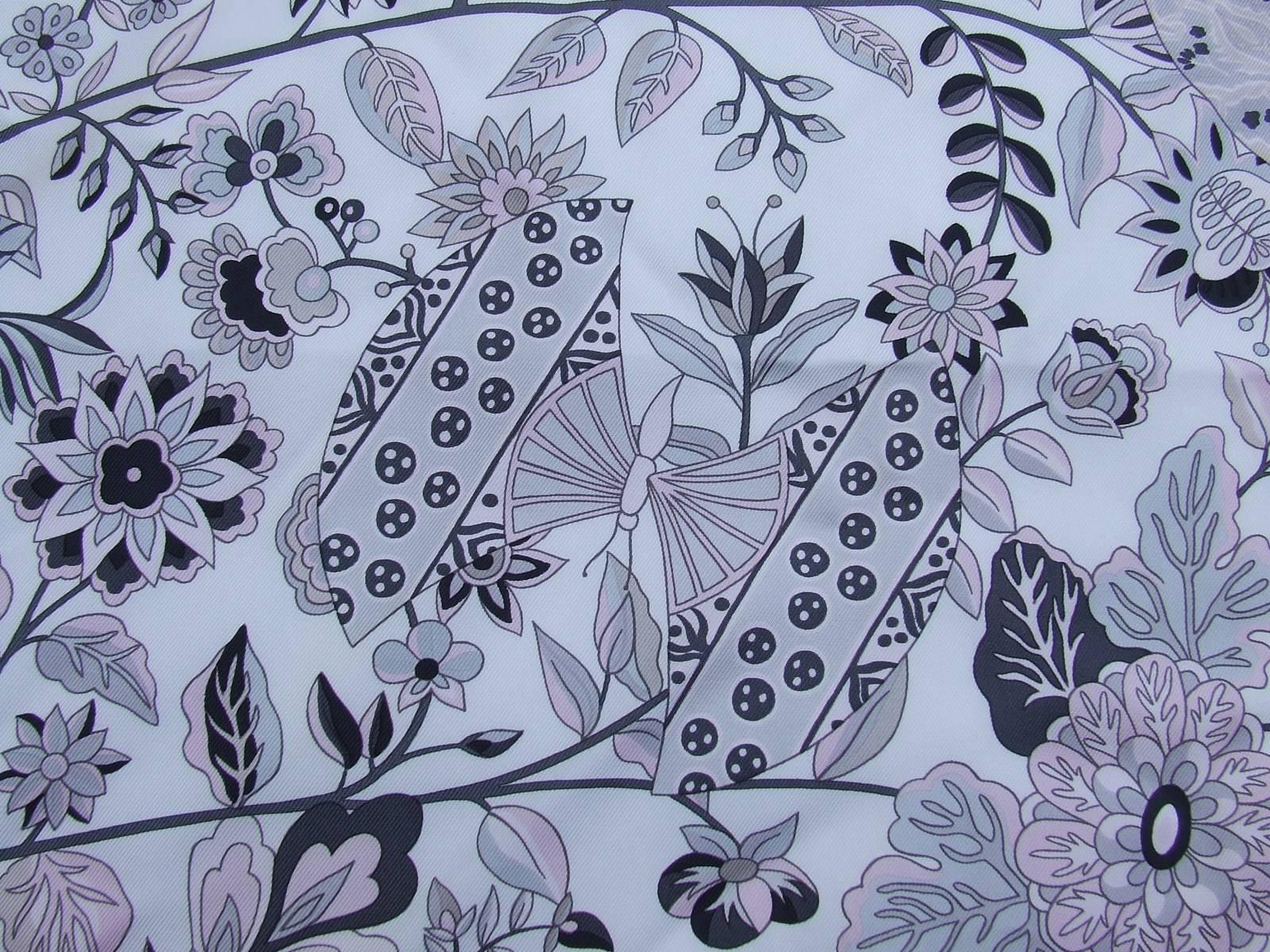 Gray Hermes Silk Scarf Fleurs et Papillons de Tissus White Pink Grey 90 cm