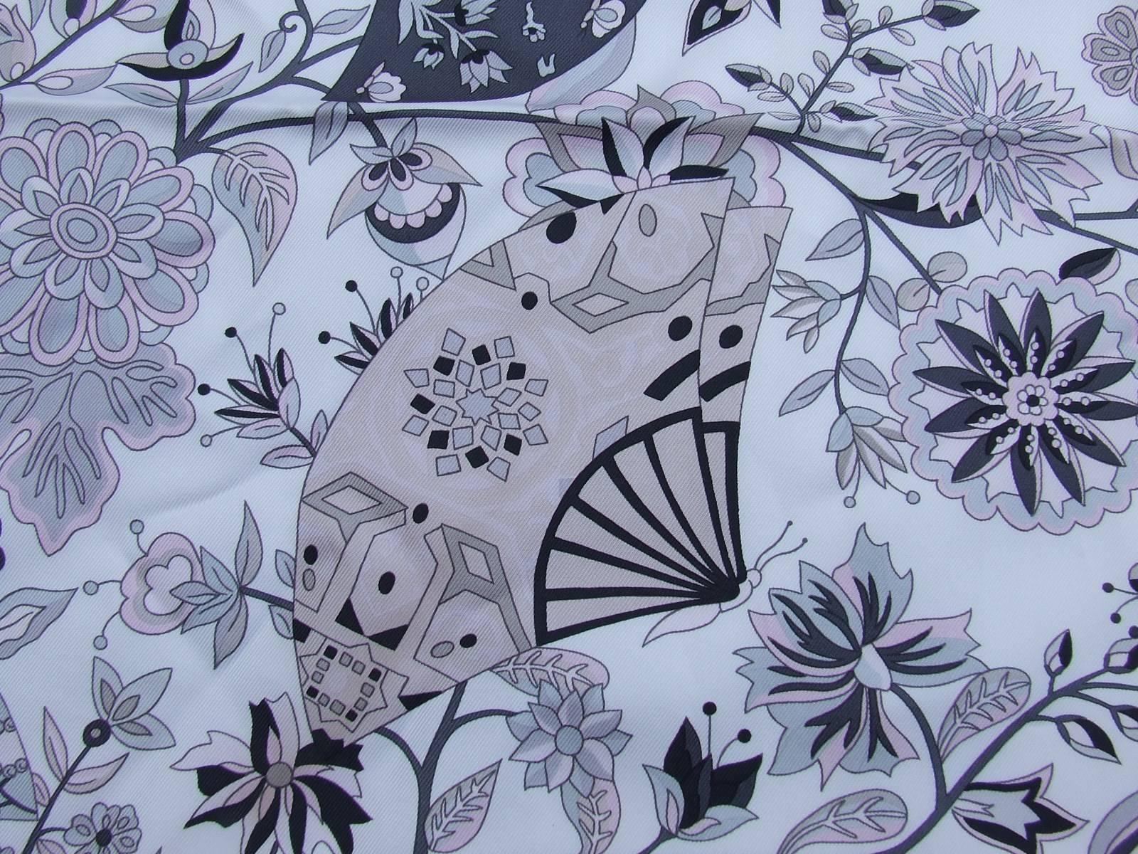 Women's Hermes Silk Scarf Fleurs et Papillons de Tissus White Pink Grey 90 cm
