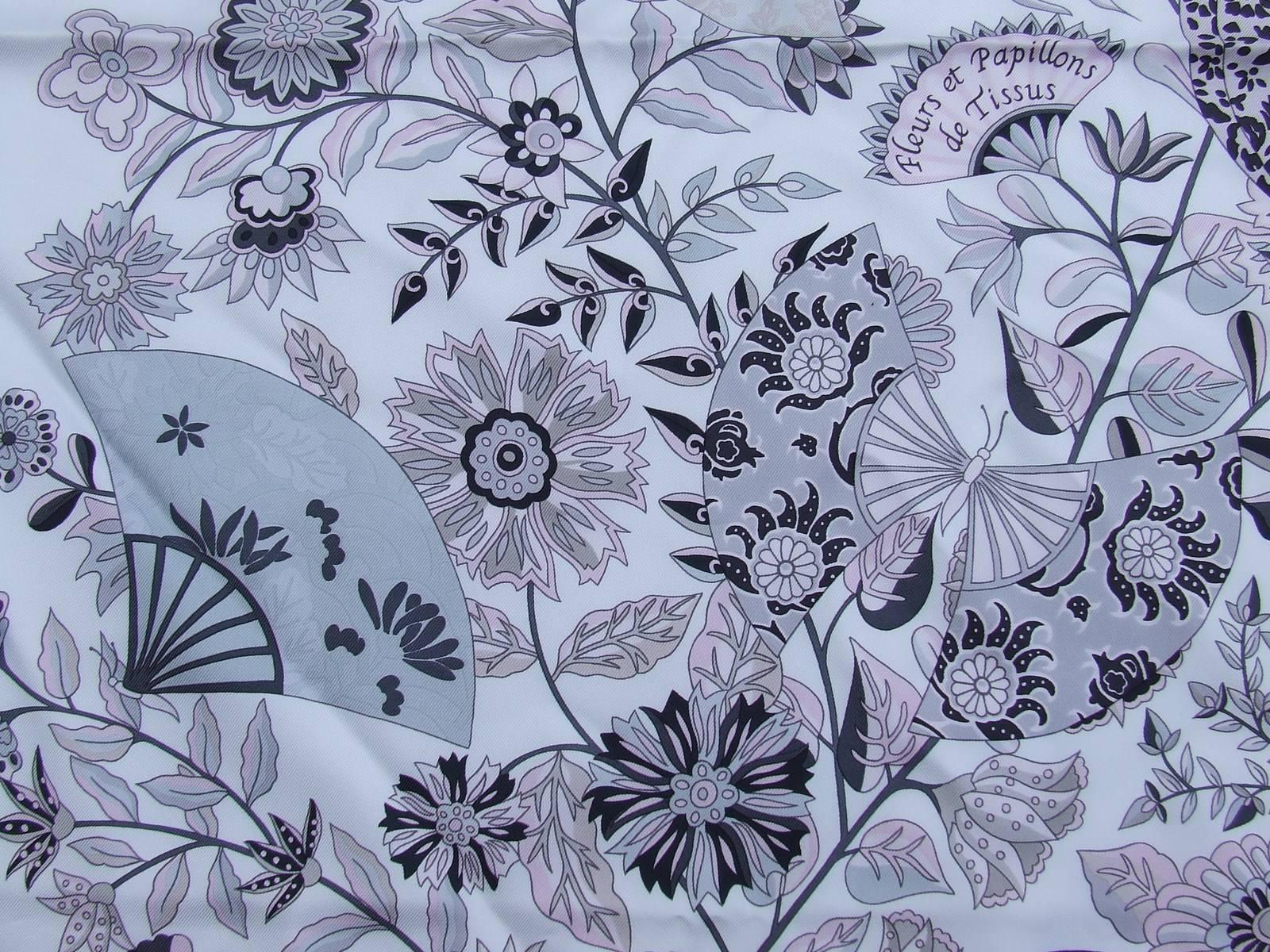 Hermes Silk Scarf Fleurs et Papillons de Tissus White Pink Grey 90 cm 1