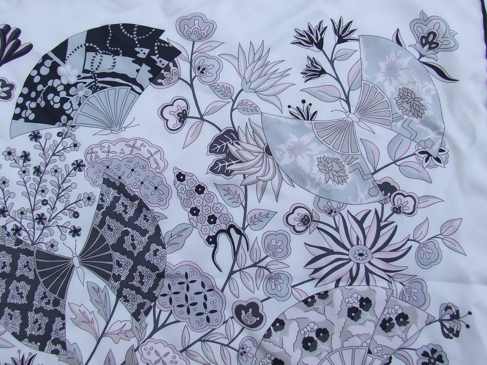 Hermes Silk Scarf Fleurs et Papillons de Tissus White Pink Grey 90 cm 2