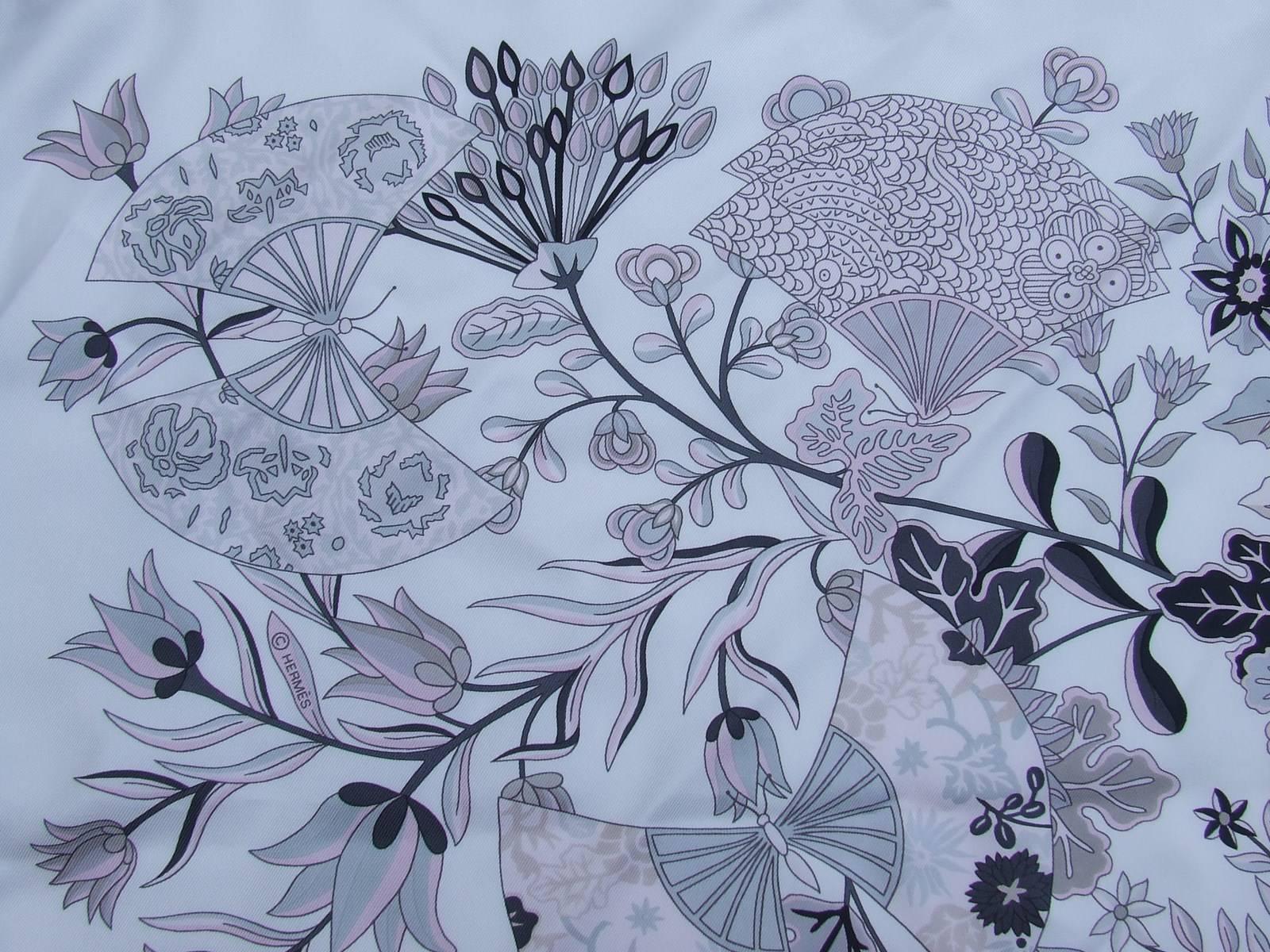 Hermes Silk Scarf Fleurs et Papillons de Tissus White Pink Grey 90 cm 3