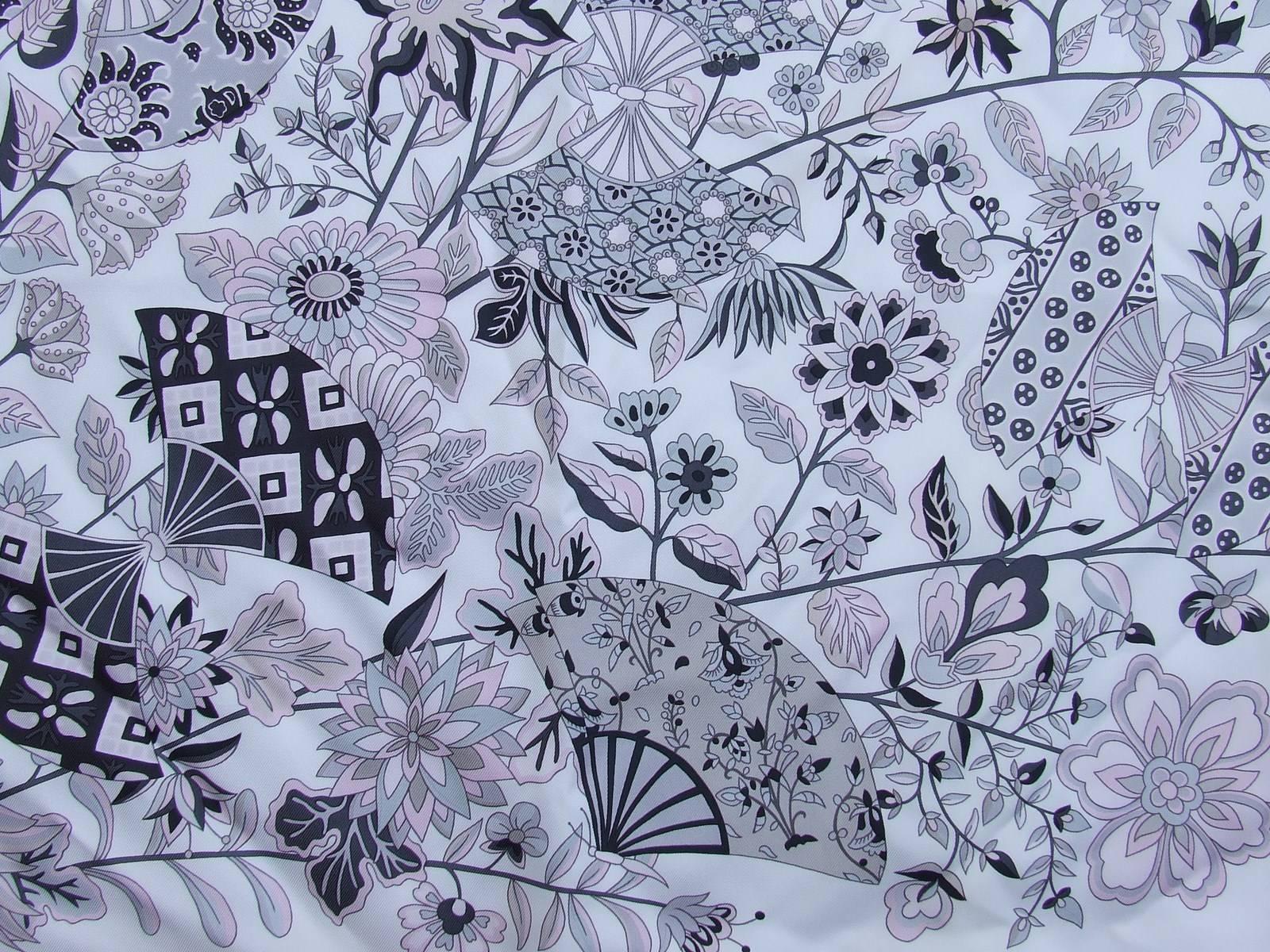 Hermes Silk Scarf Fleurs et Papillons de Tissus White Pink Grey 90 cm 4