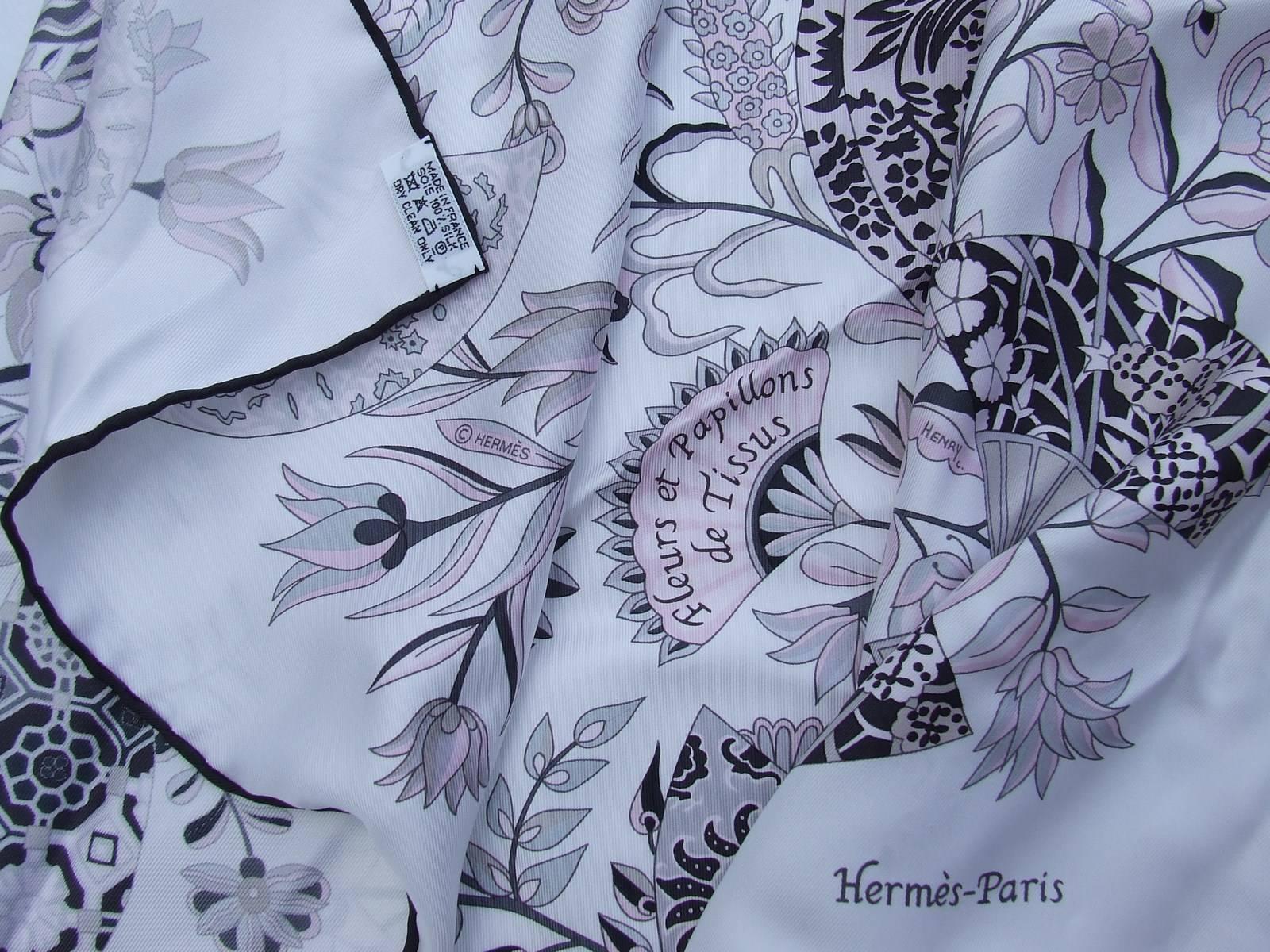 Hermes Silk Scarf Fleurs et Papillons de Tissus White Pink Grey 90 cm 5
