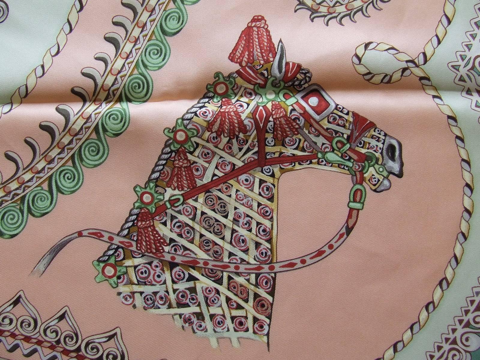 Women's Hermes Silk Scarf Paperoles Horses Claudia Mayr Green Pink 90 cm