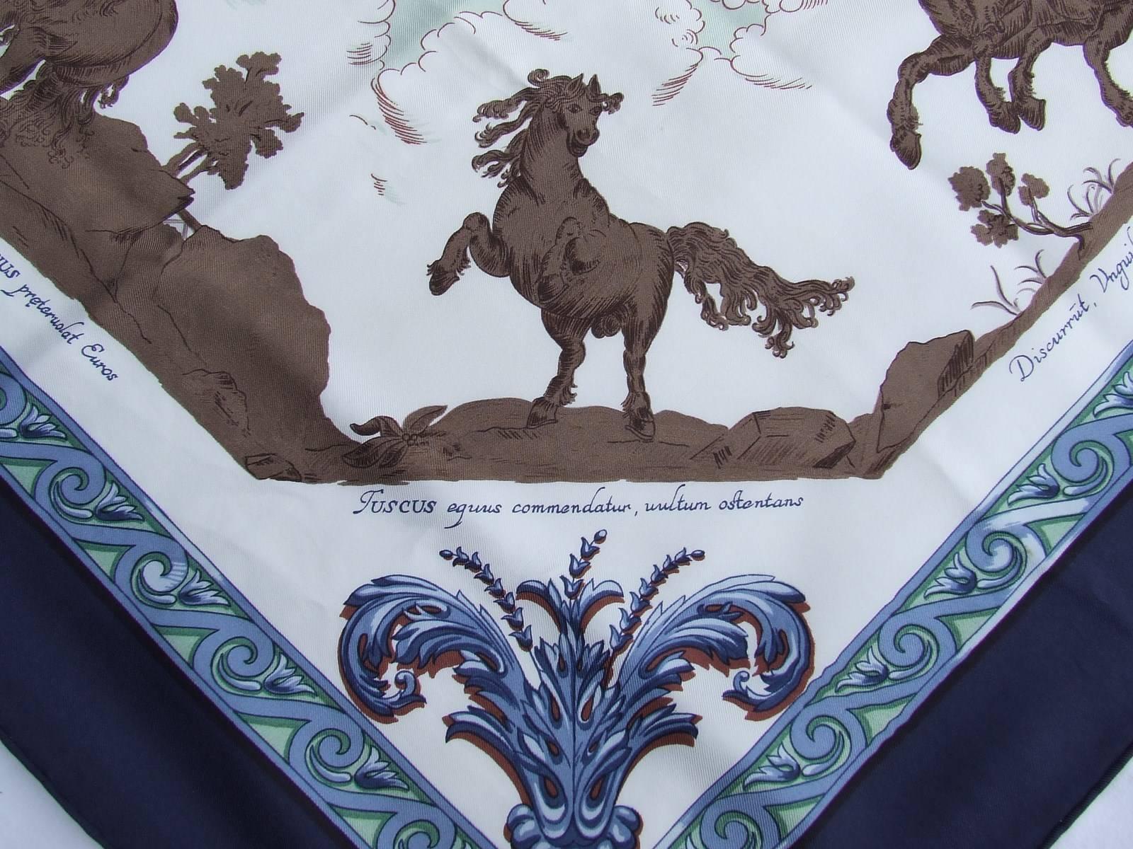 Hermes Silk Scarf Courbettes et Cabrioles 1654 Horses Blue Green 90 cm 1