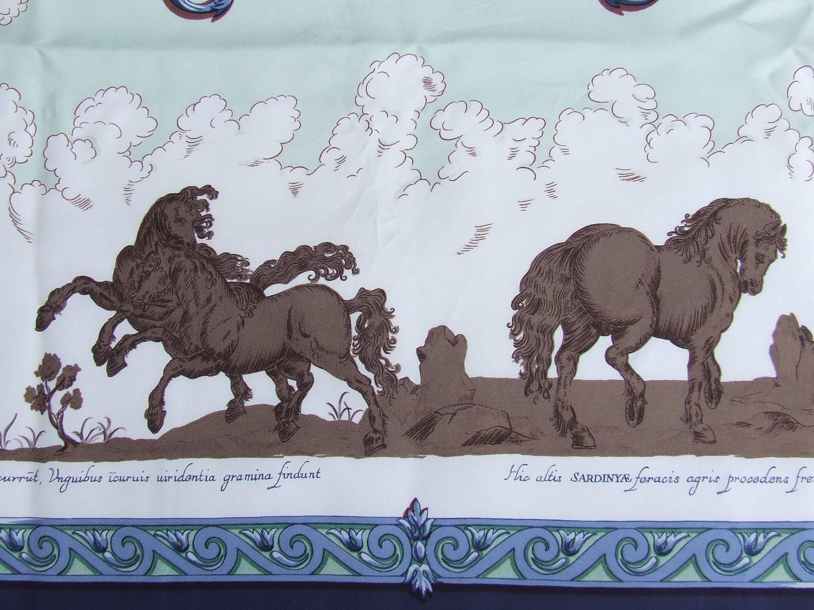 Hermes Silk Scarf Courbettes et Cabrioles 1654 Horses Blue Green 90 cm 2