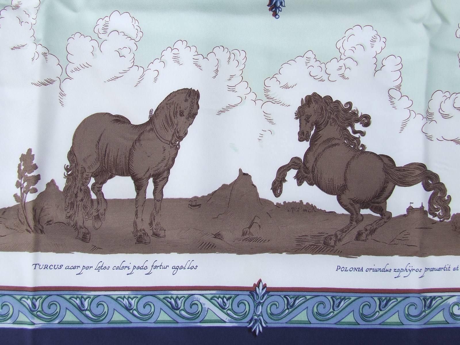 Hermes Silk Scarf Courbettes et Cabrioles 1654 Horses Blue Green 90 cm 3