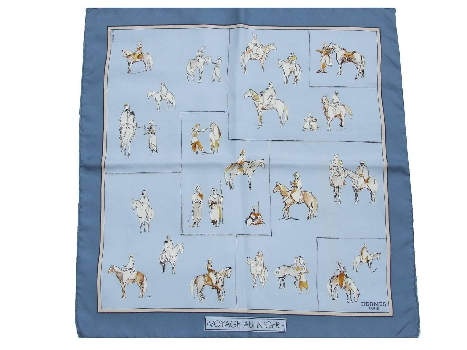 BEAUTIFUL AND RARER AUTHENTIC HERMES SCARF

Patter: Voyage Au Niger (Travel to Niger)

Made in France

Designed by Karen Petrossian in 1997

Made of 100% Silk

Colorways: Light Blue Background, Blue Border, White, Camel and Black