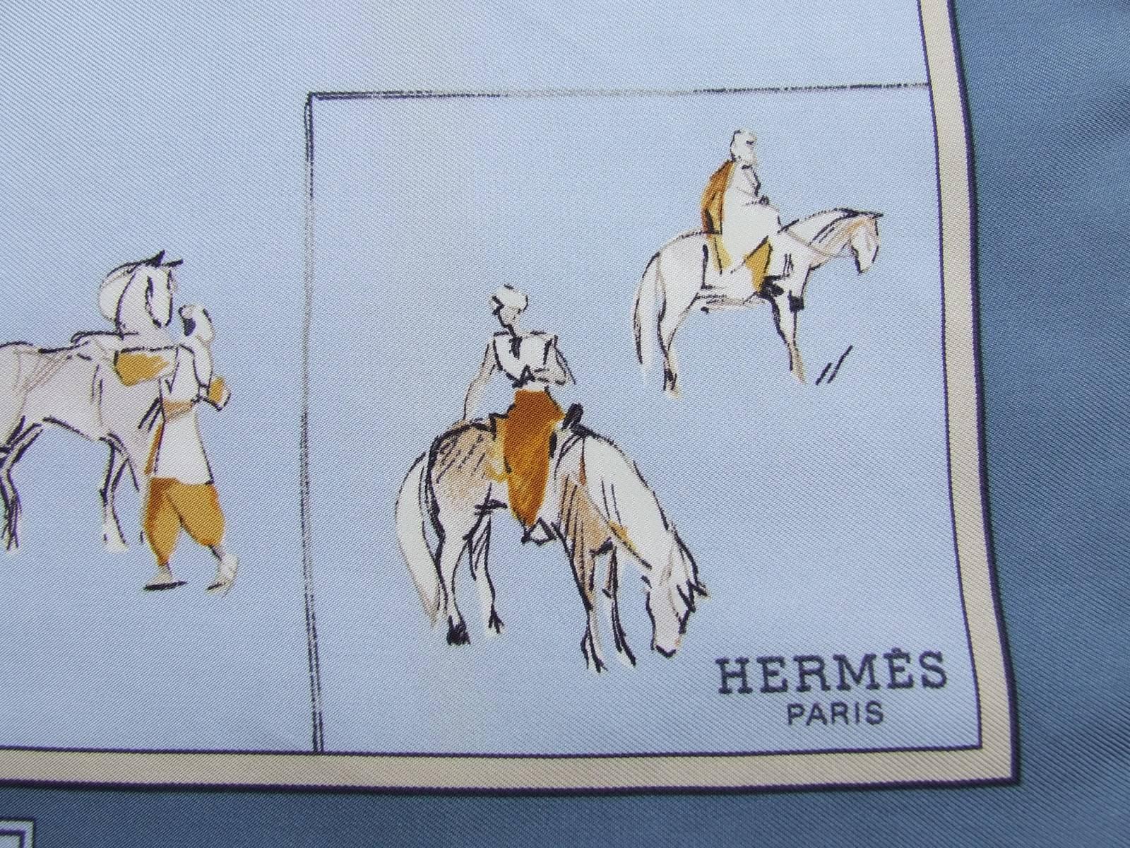 Gray Hermes Silk Scarf Pocket Square Voyage Au Niger Blue 42 cm