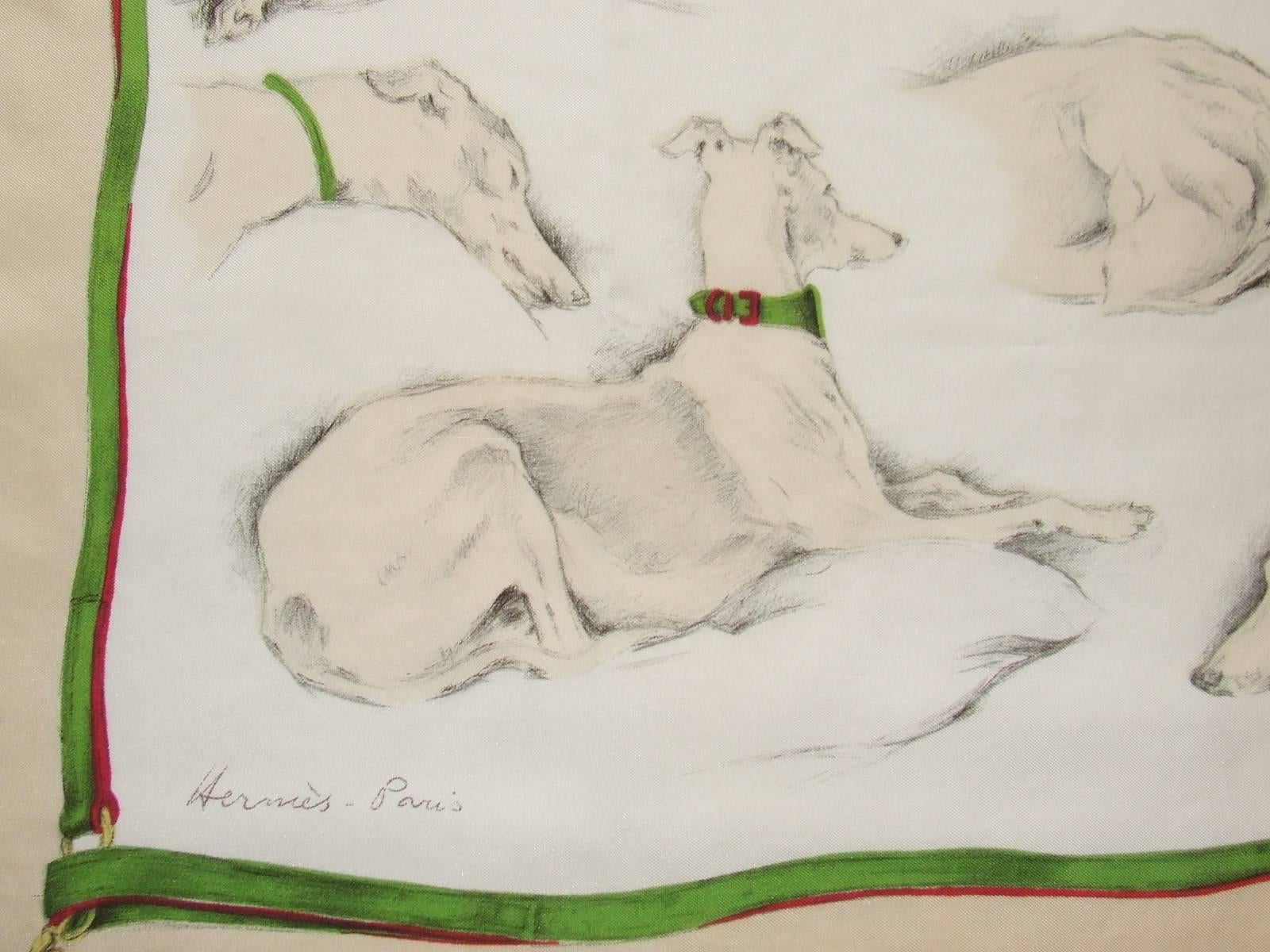 Beautiful and Rare Authentic Hermes Scarf
 
Pattern: Levriers (Greyhounds)

Made in France

Designed by Xavier De Poret in 1970

Comes from the first issue. Vintage rare scarf, not a reissue

Made  of 100% Silk

Colorways: Pale Yellow,