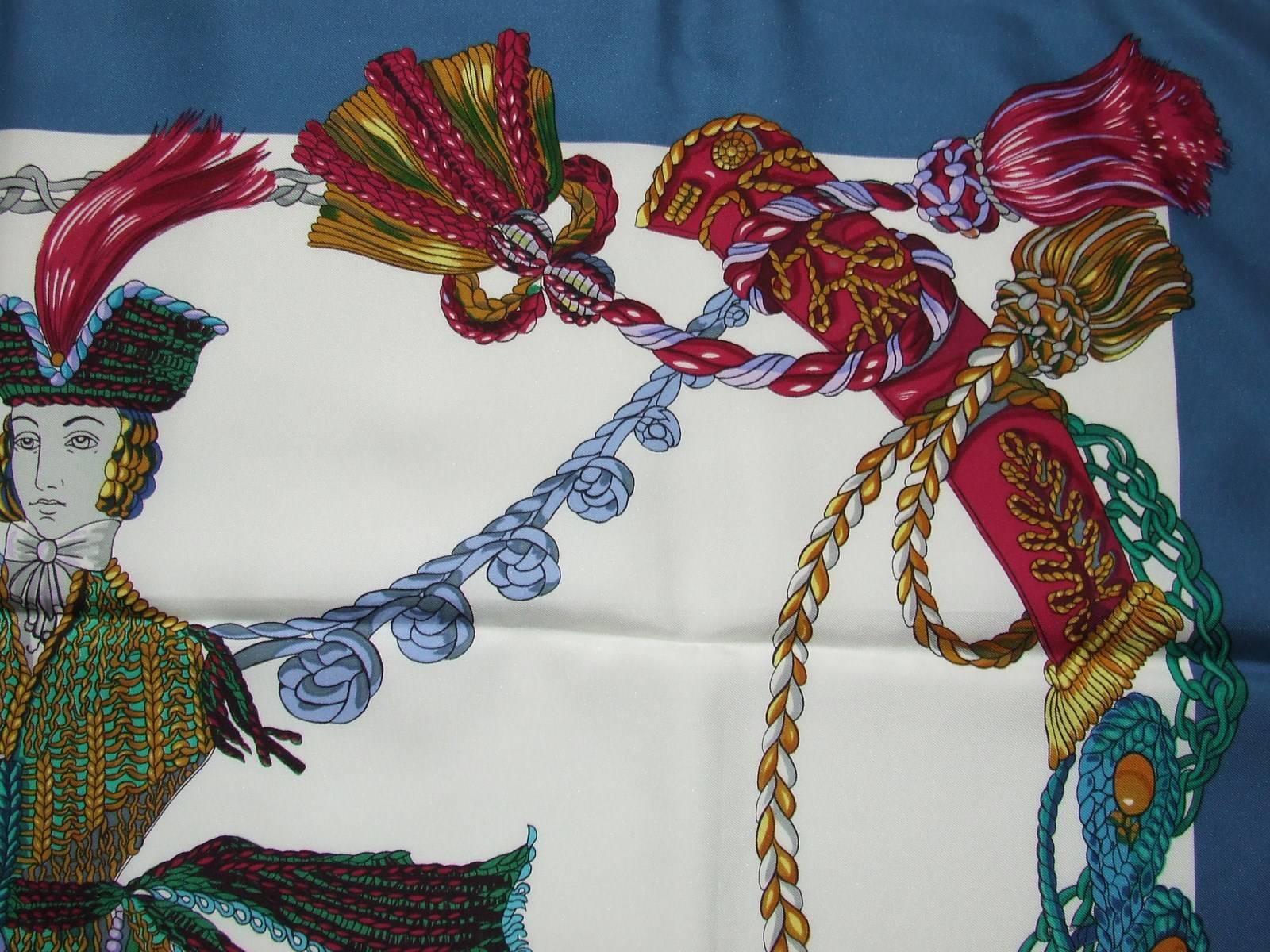 Hermes Silk Scarf Le Timbalier Knight Heron White Blue 90 cm 1