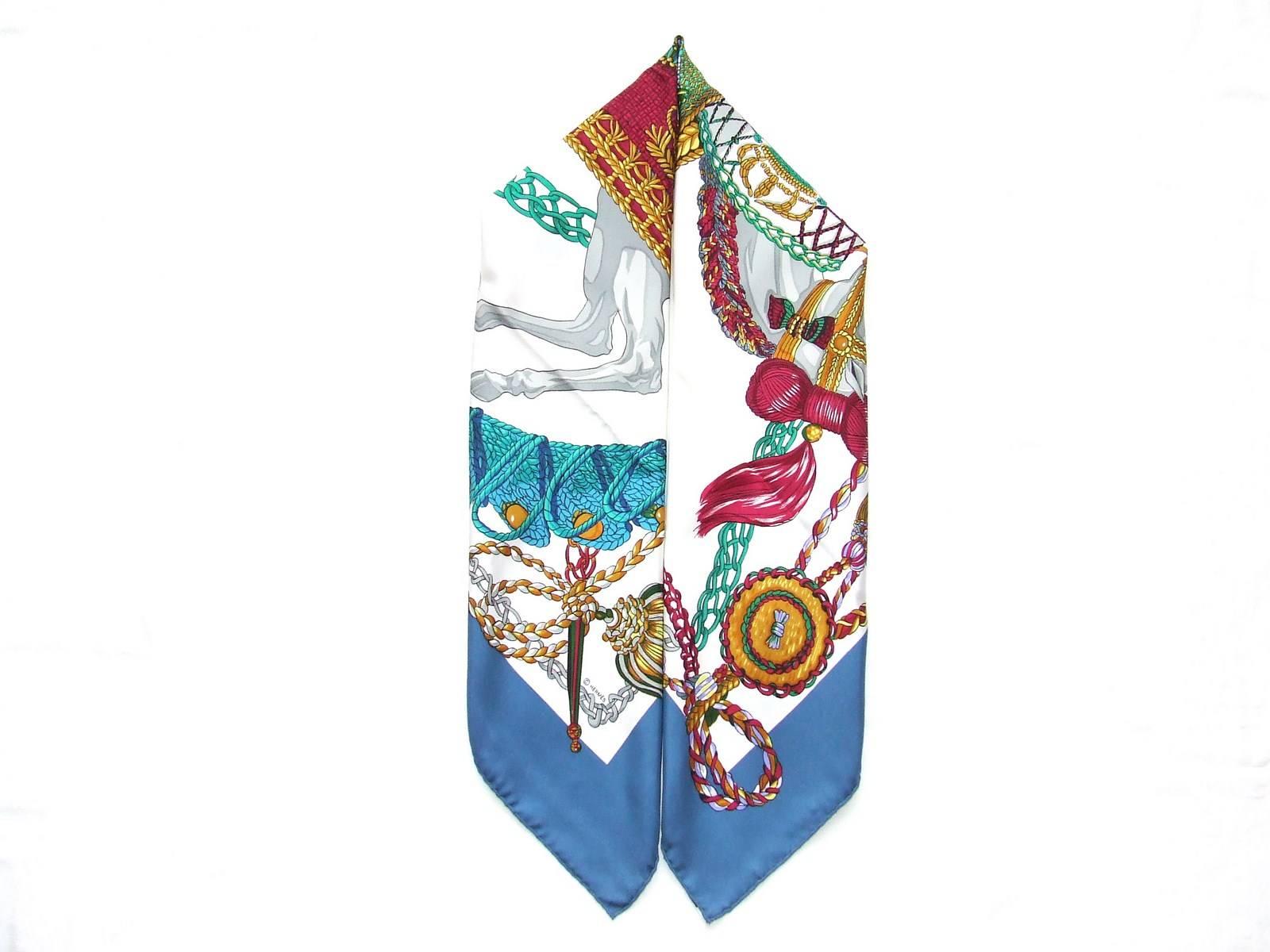 Hermes Silk Scarf Le Timbalier Knight Heron White Blue 90 cm 6