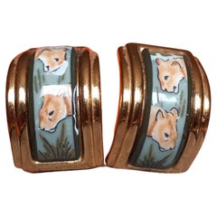 Vintage Hermès Enamel Earrings Lionesses Africa Golden Hardware