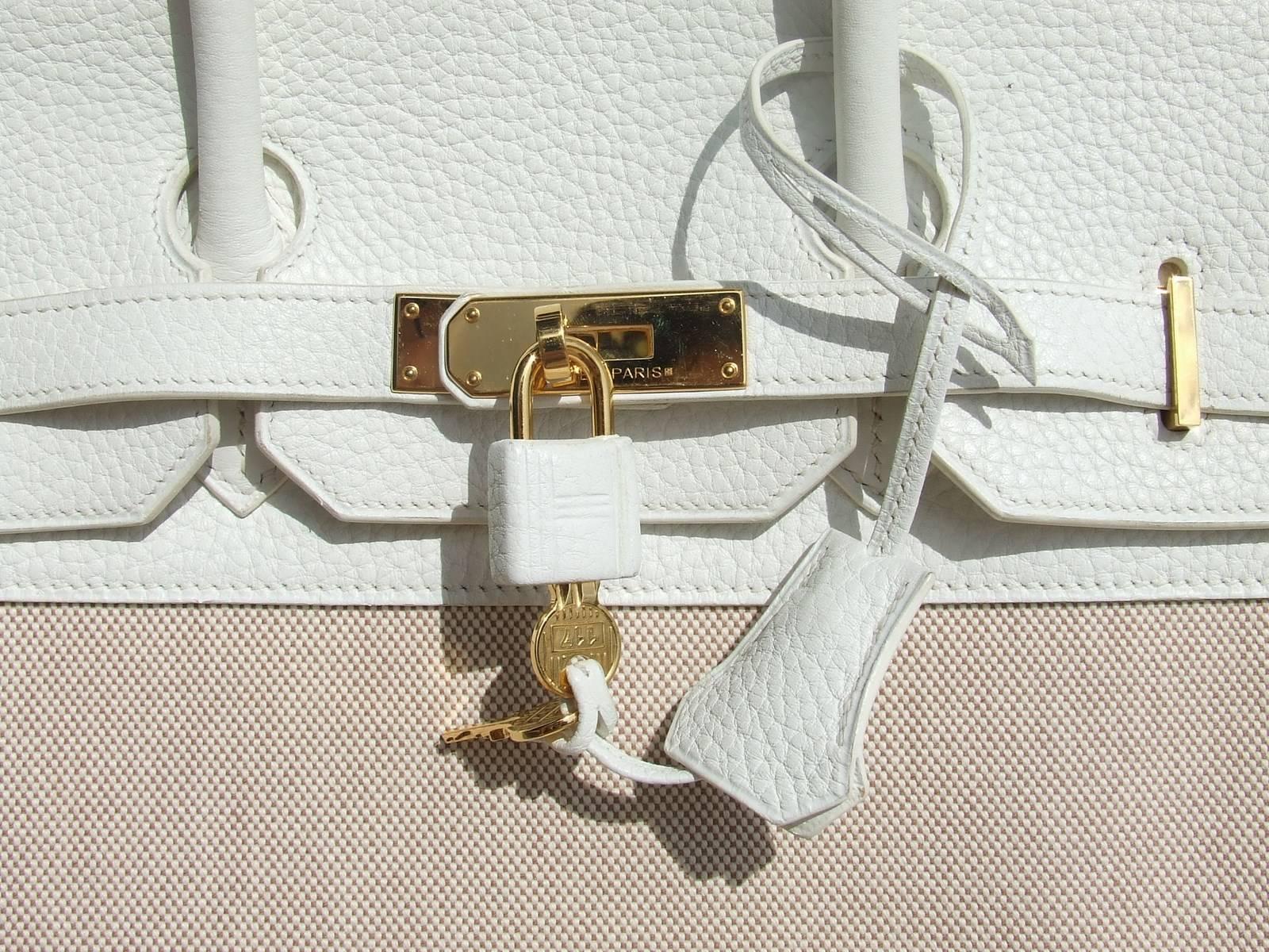 Women's Hermes Birkin 35 Handbag Bi-Matiere White Leather Beige Canvas Gold Hdw 2010