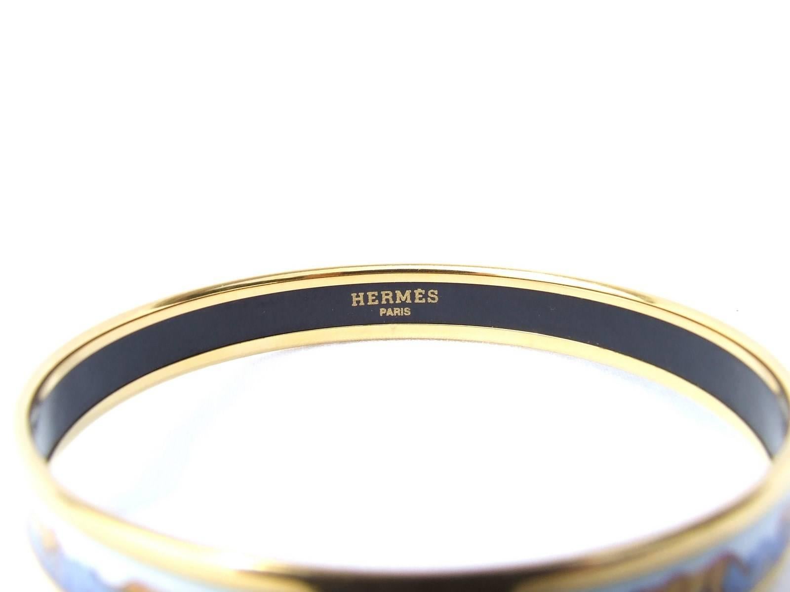 Women's Hermes Printed Enamel Bracelet Lions and Lionesses Narrow Gold Hdw Size PM 65