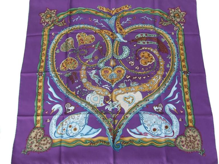 Hermes Silk Scarf De Tout Coeur Swans Purple Zoe Pauwels 90 cm at