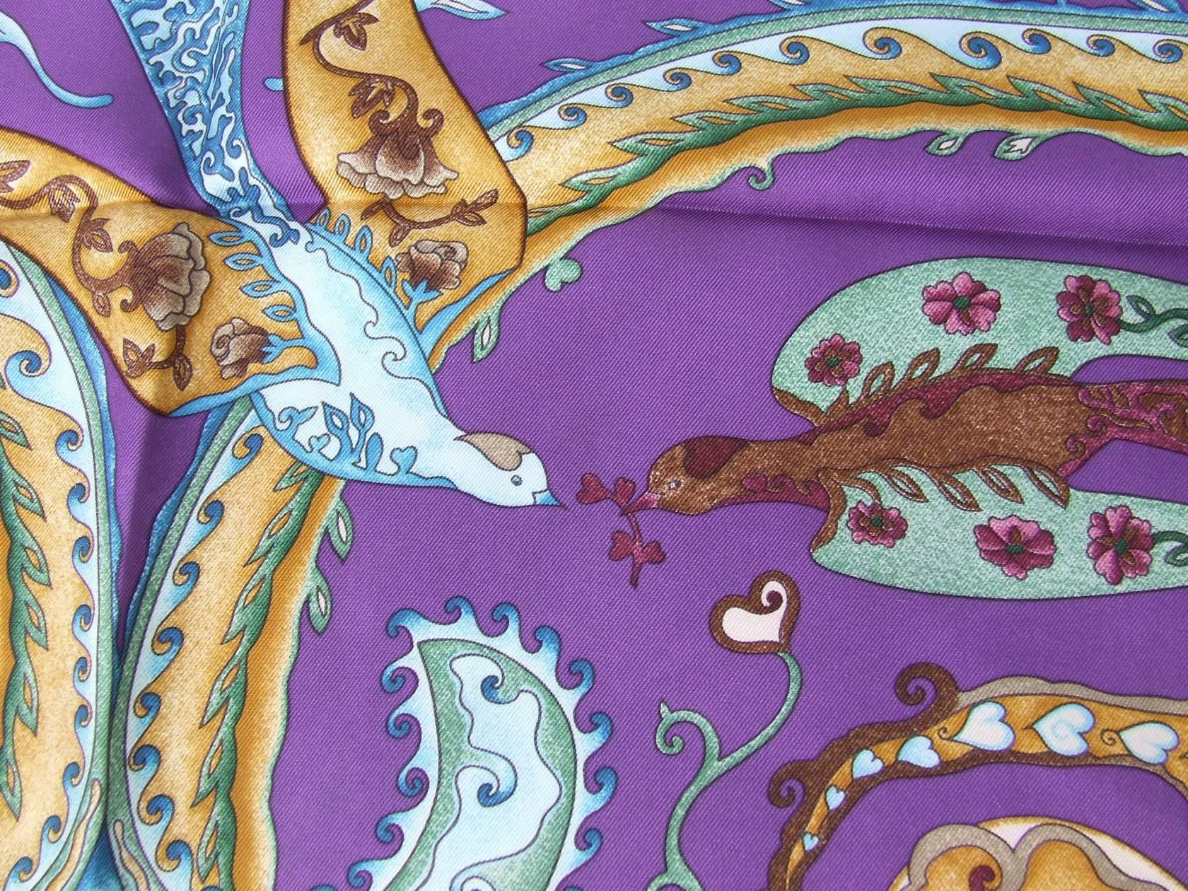 Women's Hermes Silk Scarf De Tout Coeur Swans Purple Zoe Pauwels 90 cm