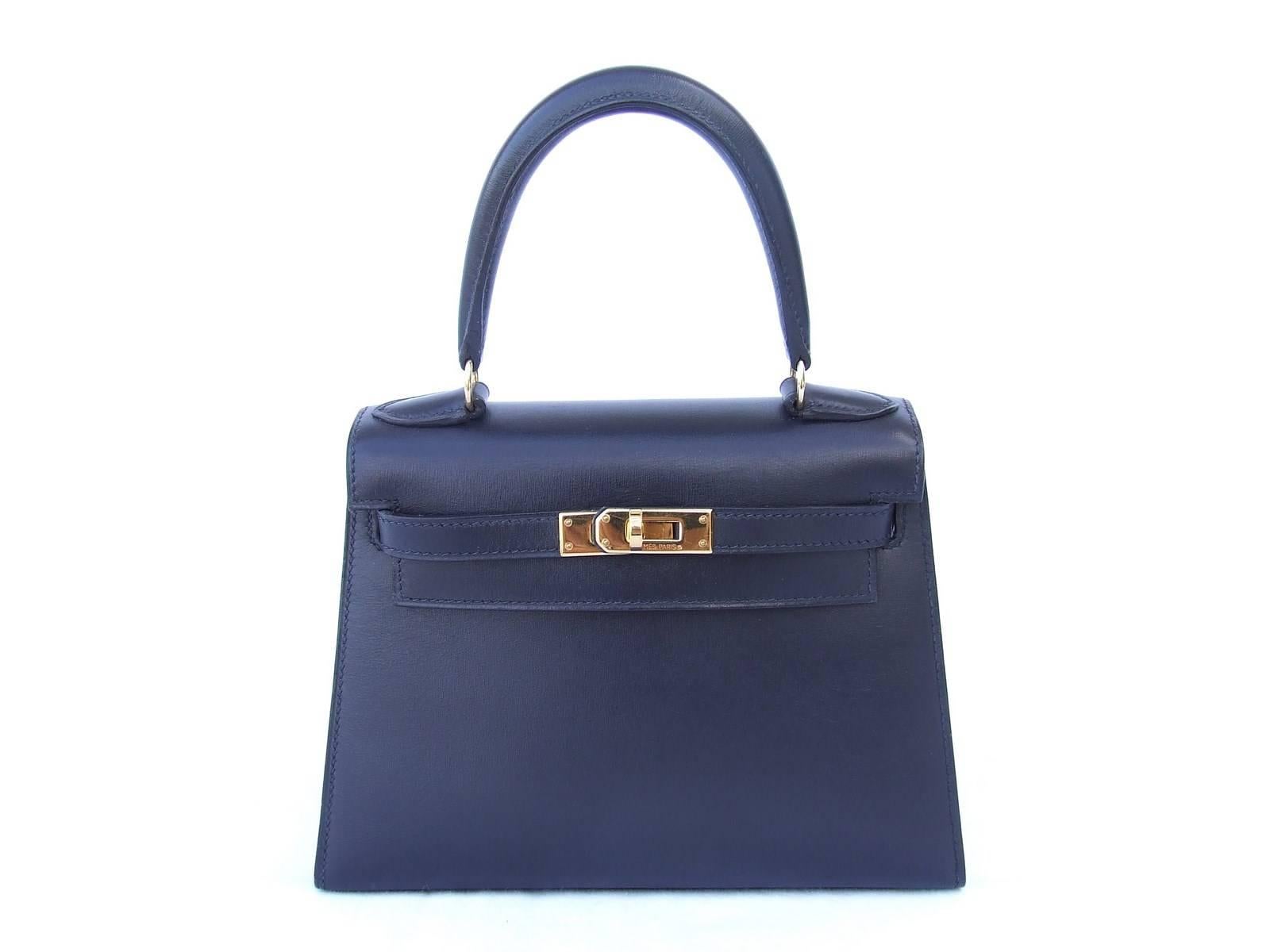 Hermes Mini Kelly 20 cm Sellier Bag Navy Blue Box Golden Hardware RARE 4