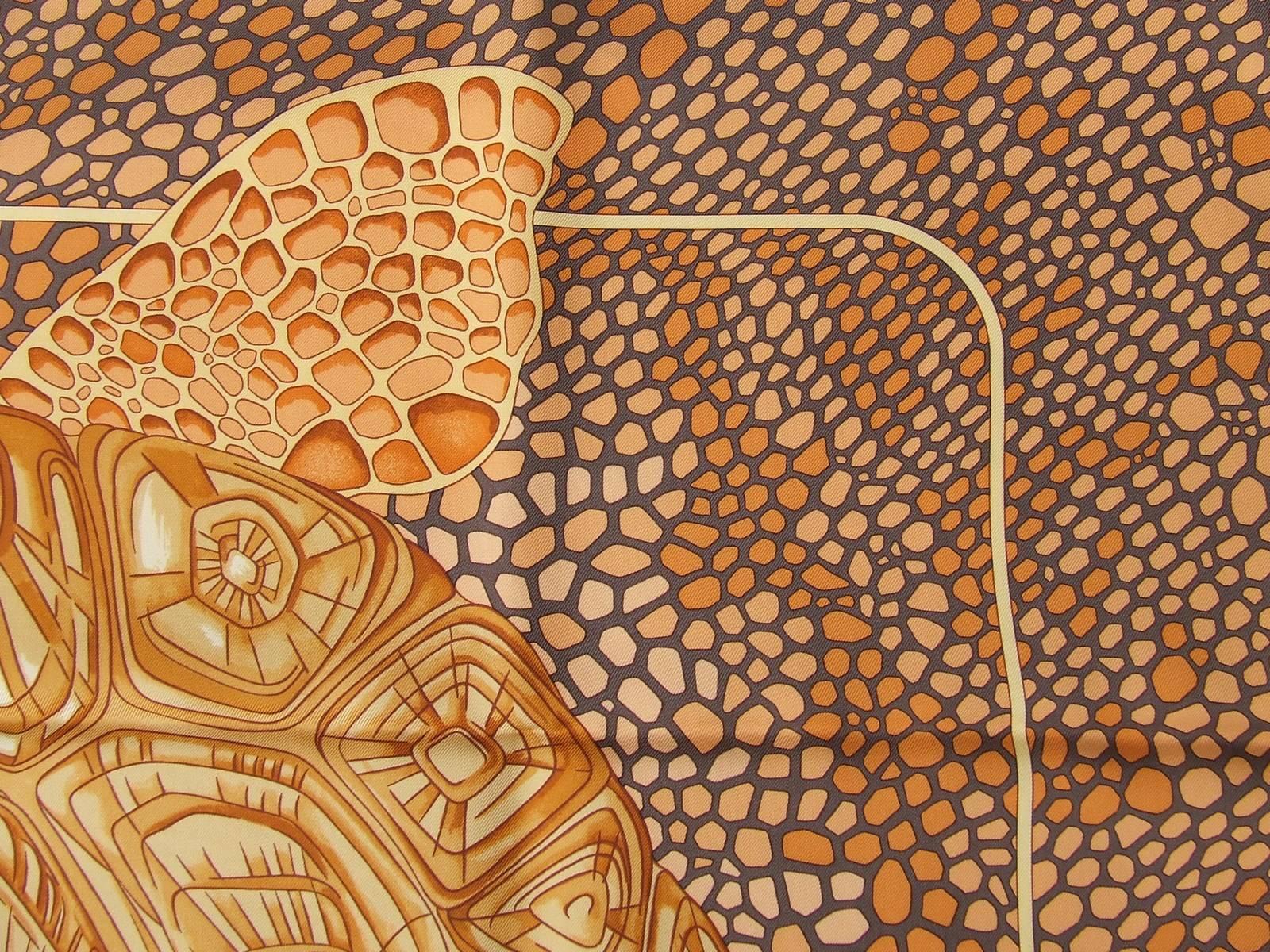 Women's Hermes Silk Scarf De Madras A Zakynthos Turtle Orange Brown 90 cm