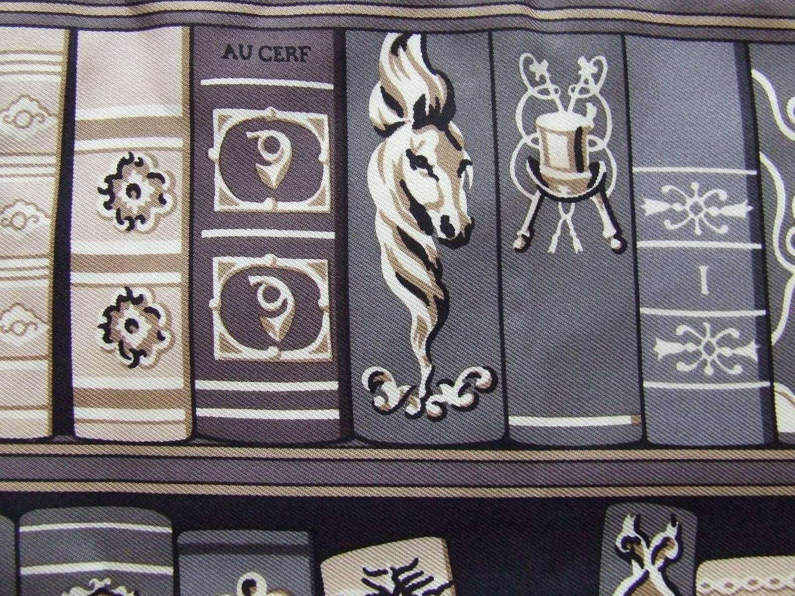 Hermes Small Silk Scarf Gavroque Pocket Square Bibliotheque Grey 42 cm 3