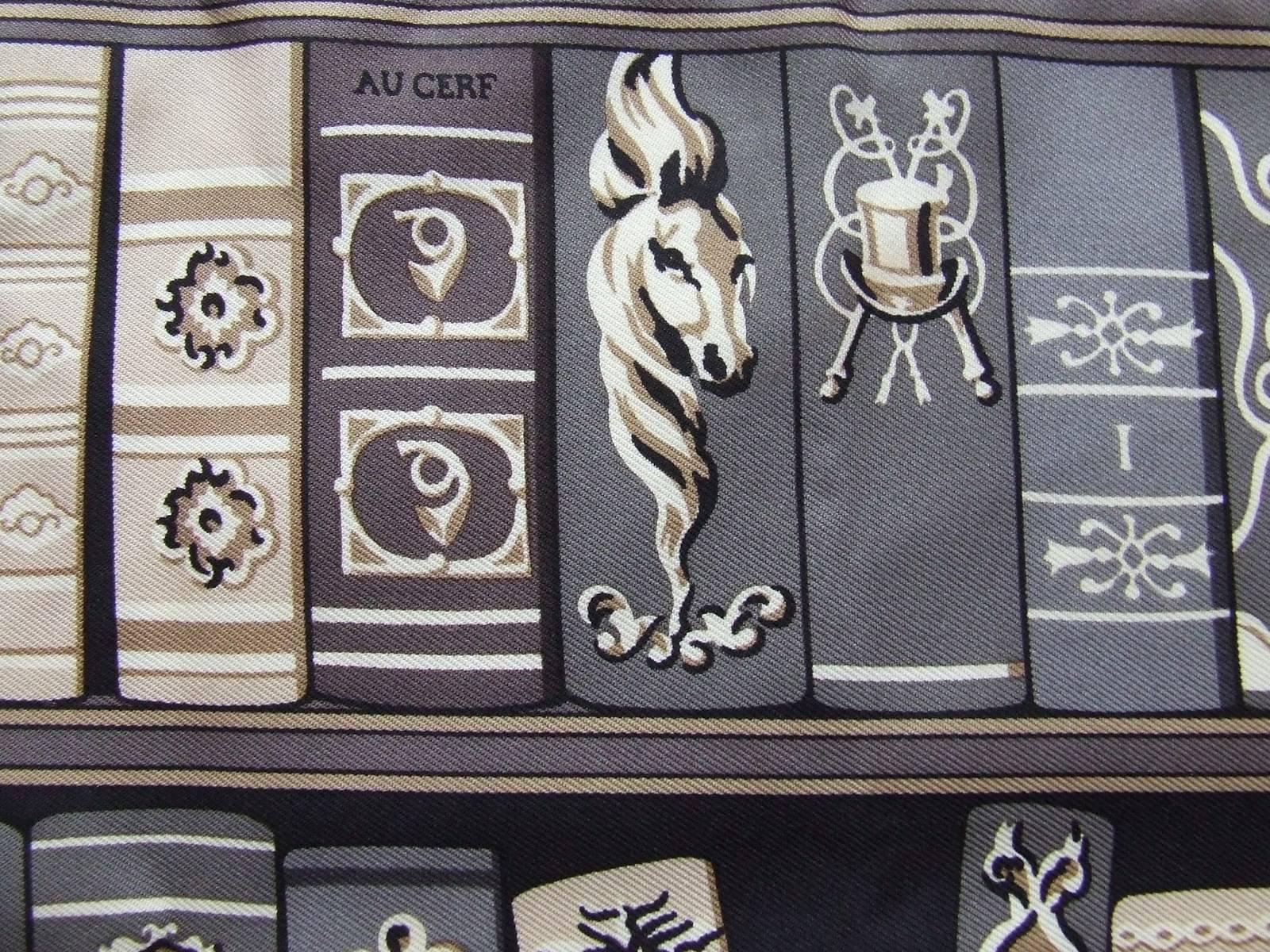 Hermes Small Silk Scarf Gavroque Pocket Square Bibliotheque Grey 42 cm 4