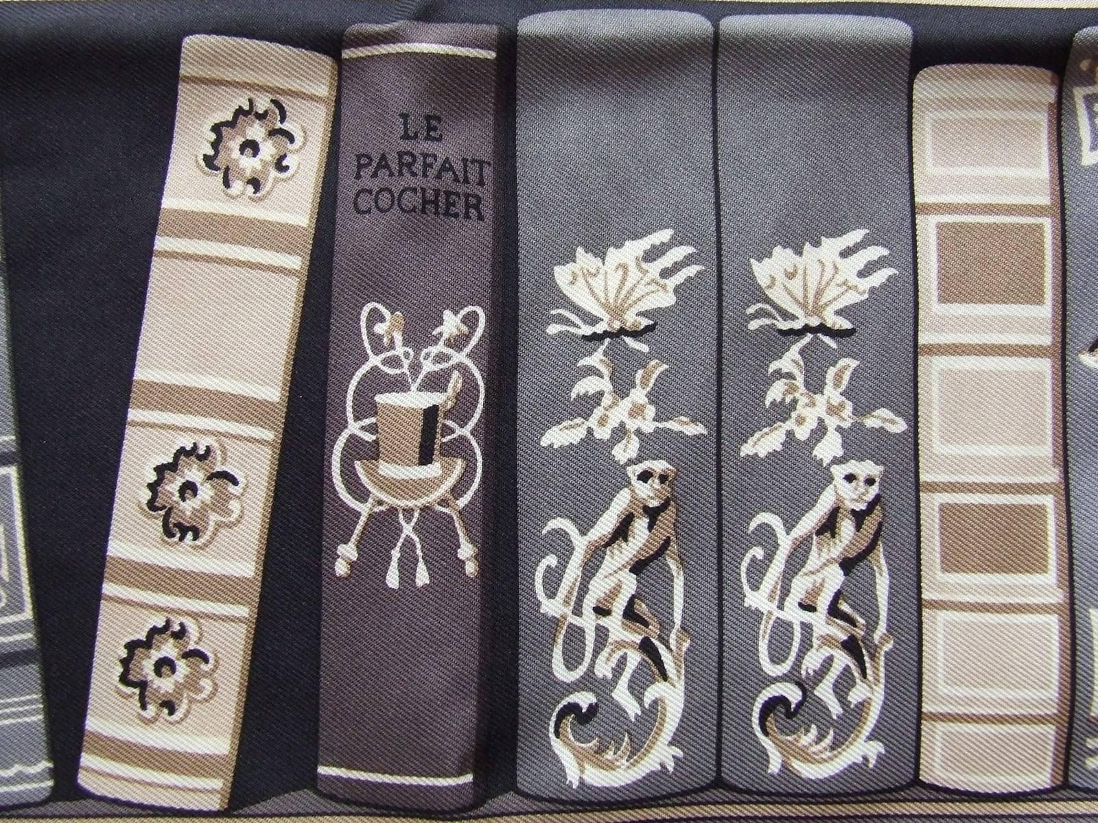 Hermes Small Silk Scarf Gavroque Pocket Square Bibliotheque Grey 42 cm 5