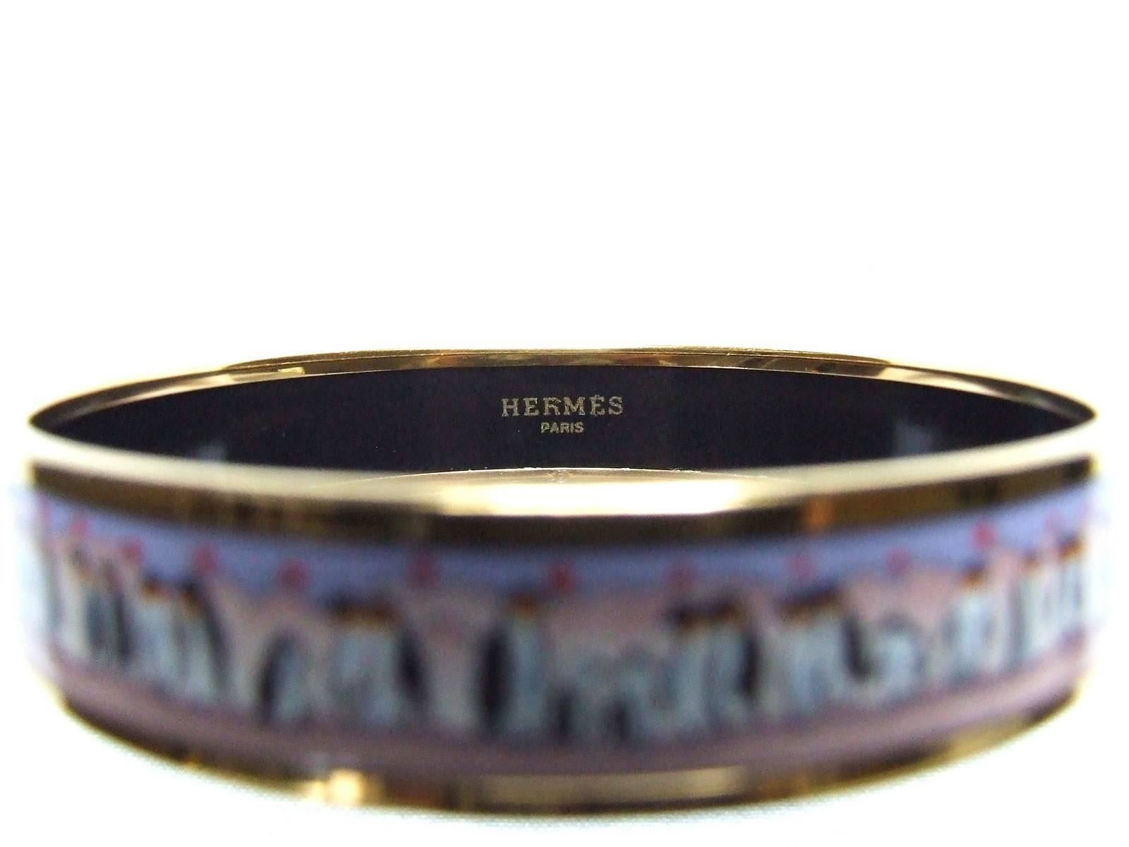 Hermes Enamel Printed Bracelet Penguins Narrow Pink GHW Size 65 3