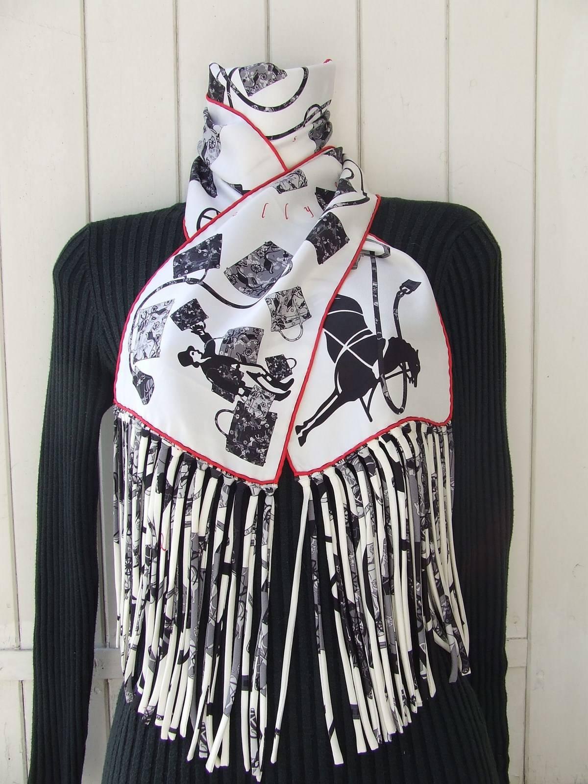 Hermès Silk Scarf Fringed Stole Kelly En Caleche White Black Grey 5