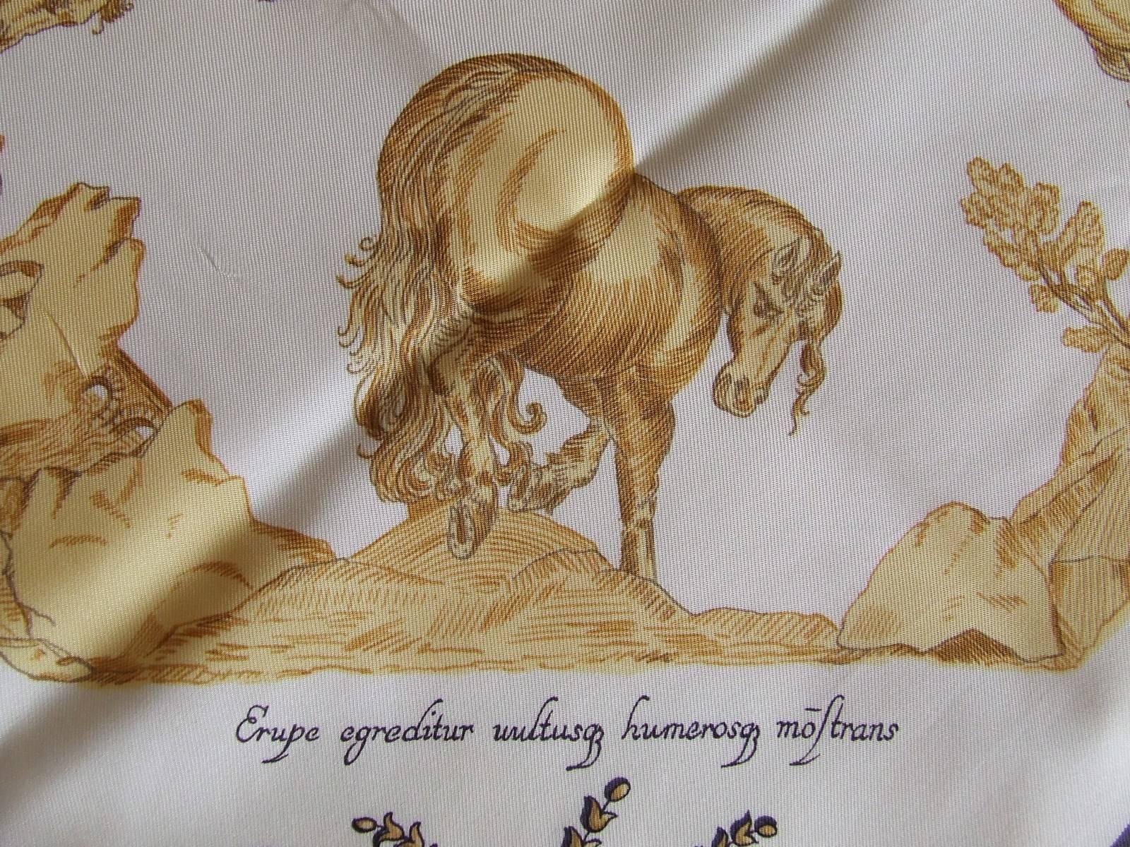 Hermes Silk Scarf Courbettes et Cabrioles 1654 Horses Blue Gold 90 cm 1