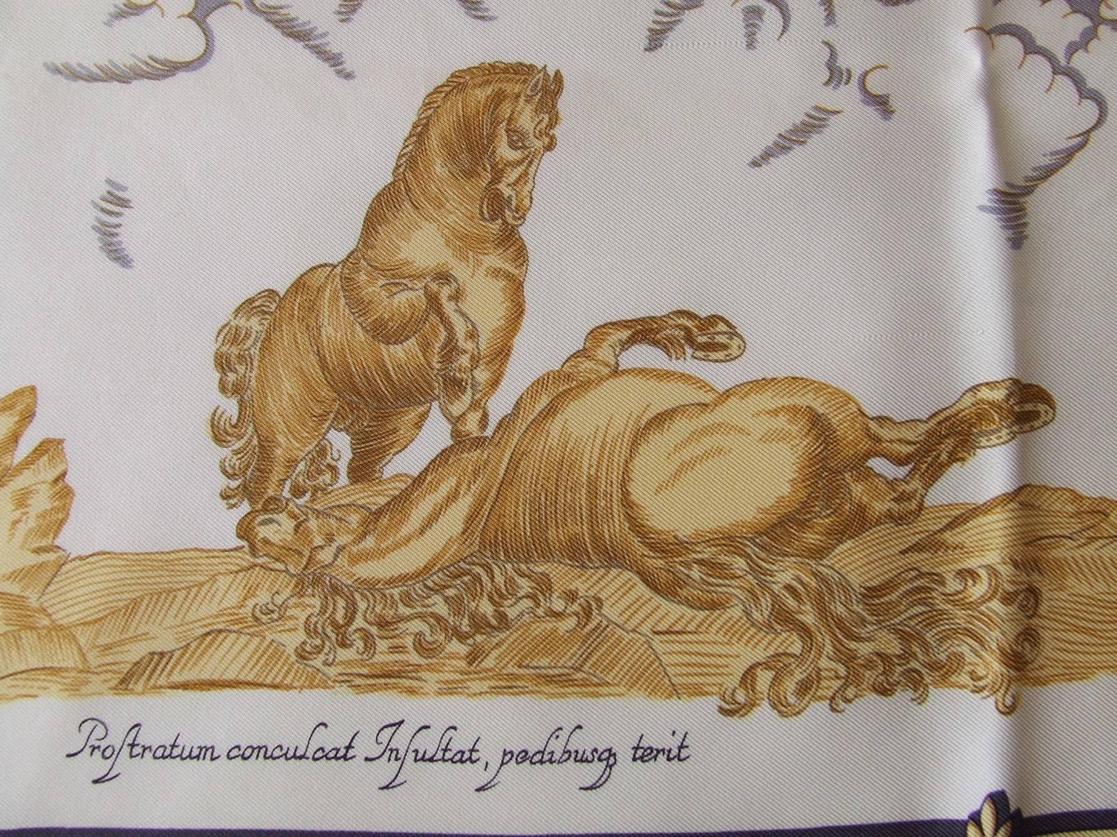 Hermes Silk Scarf Courbettes et Cabrioles 1654 Horses Blue Gold 90 cm 2