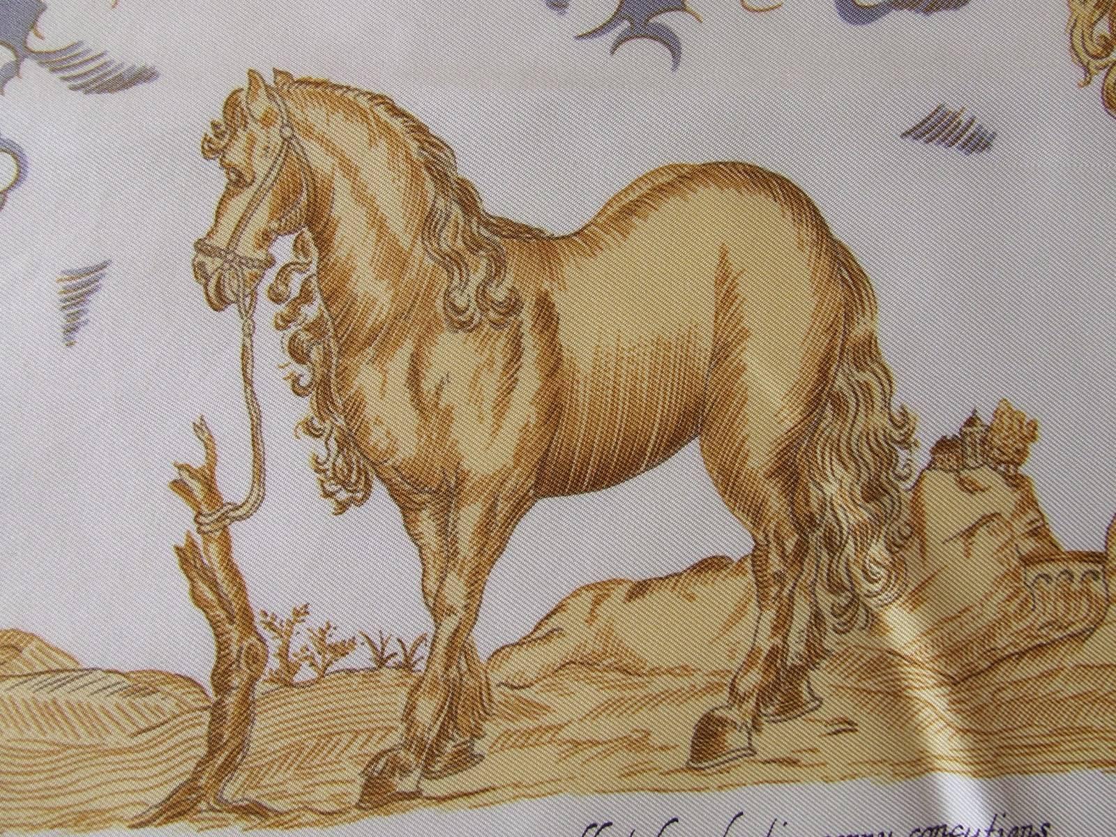  Hermes Silk Scarf Courbettes et Cabrioles 1654 Horses Blue Gold 90 cm  3
