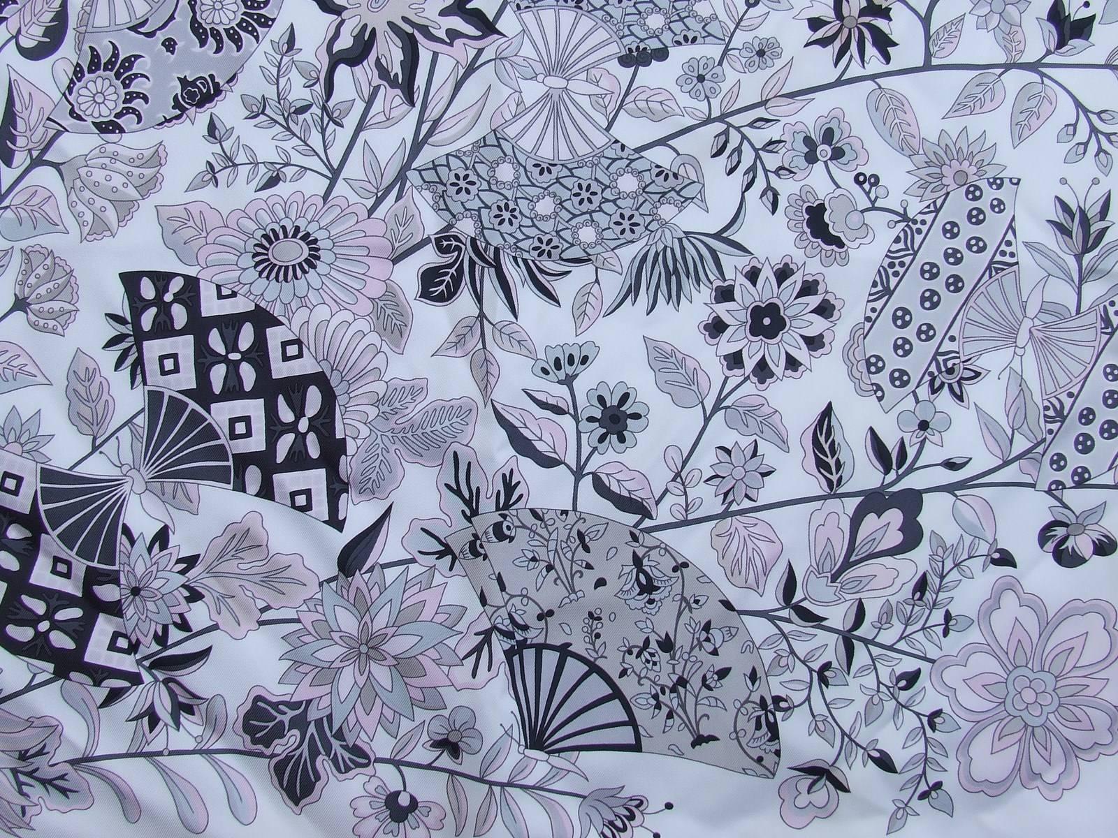 Hermes Silk Scarf Fleurs et Papillons de Tissu Pink White Grey 90 cm 4