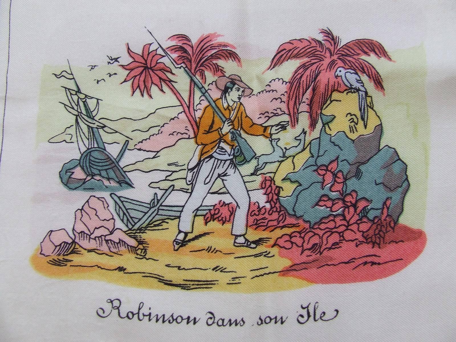 Gray Rare Hermes Silk Sarf L Ile De Robinson Crusoe En Neuf Tableaux 