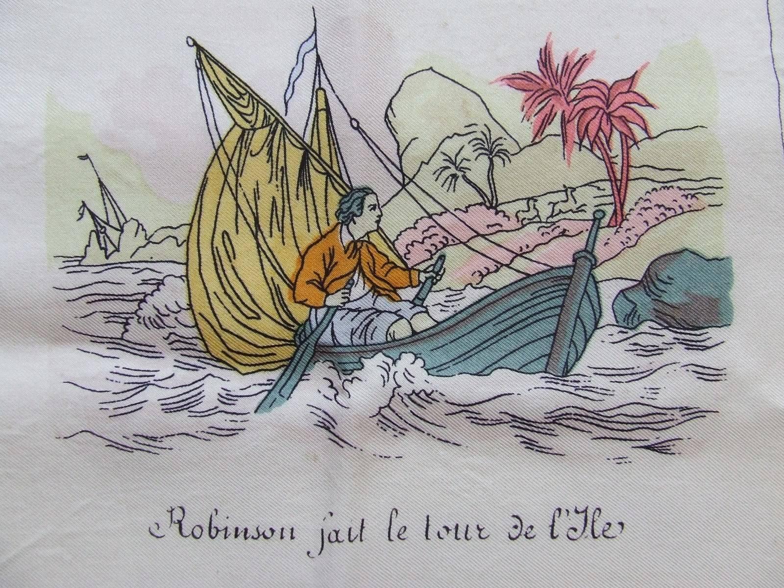 Rare Hermes Silk Sarf L Ile De Robinson Crusoe En Neuf Tableaux  1
