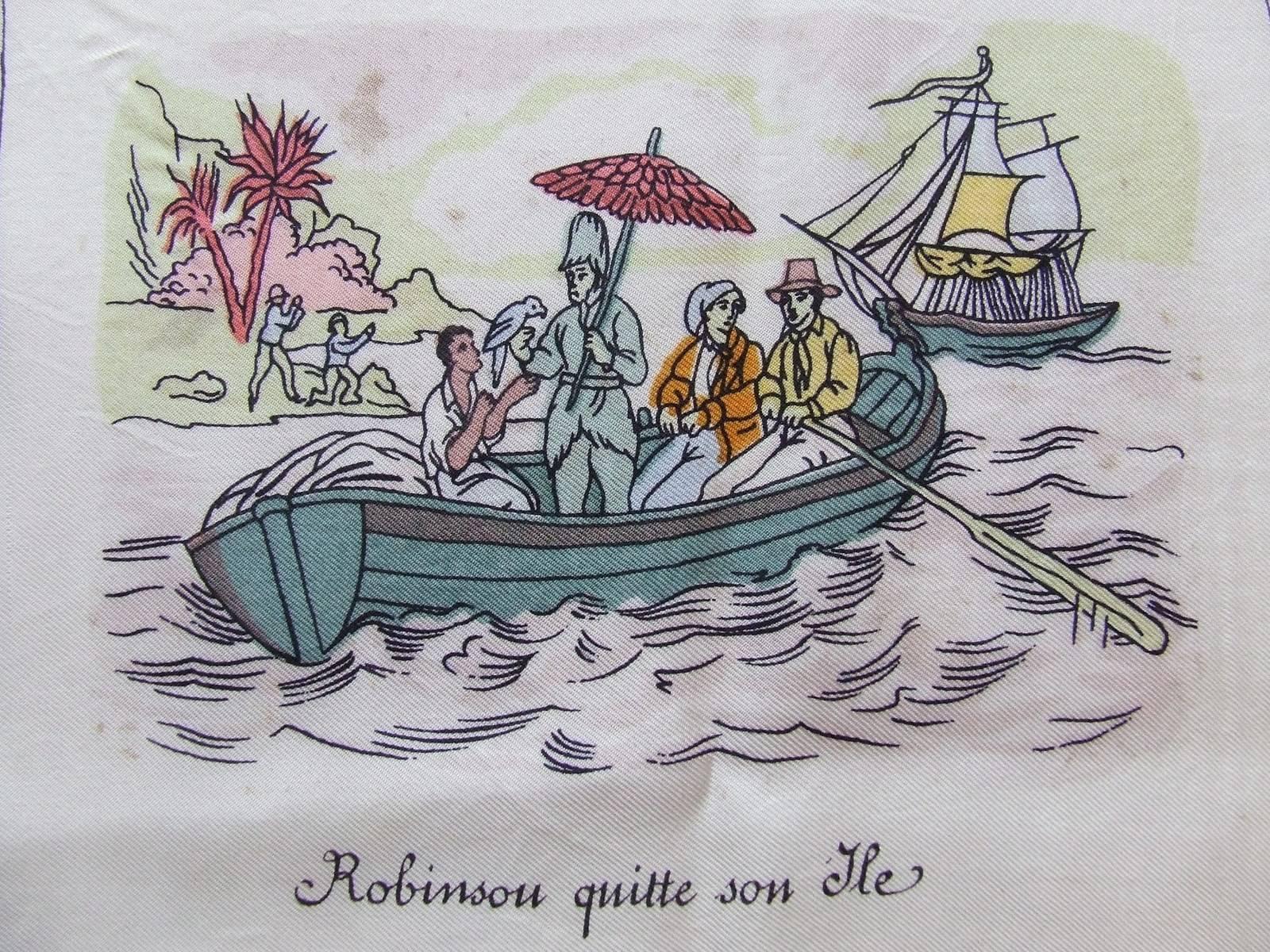 Rare Hermes Silk Sarf L Ile De Robinson Crusoe En Neuf Tableaux  3