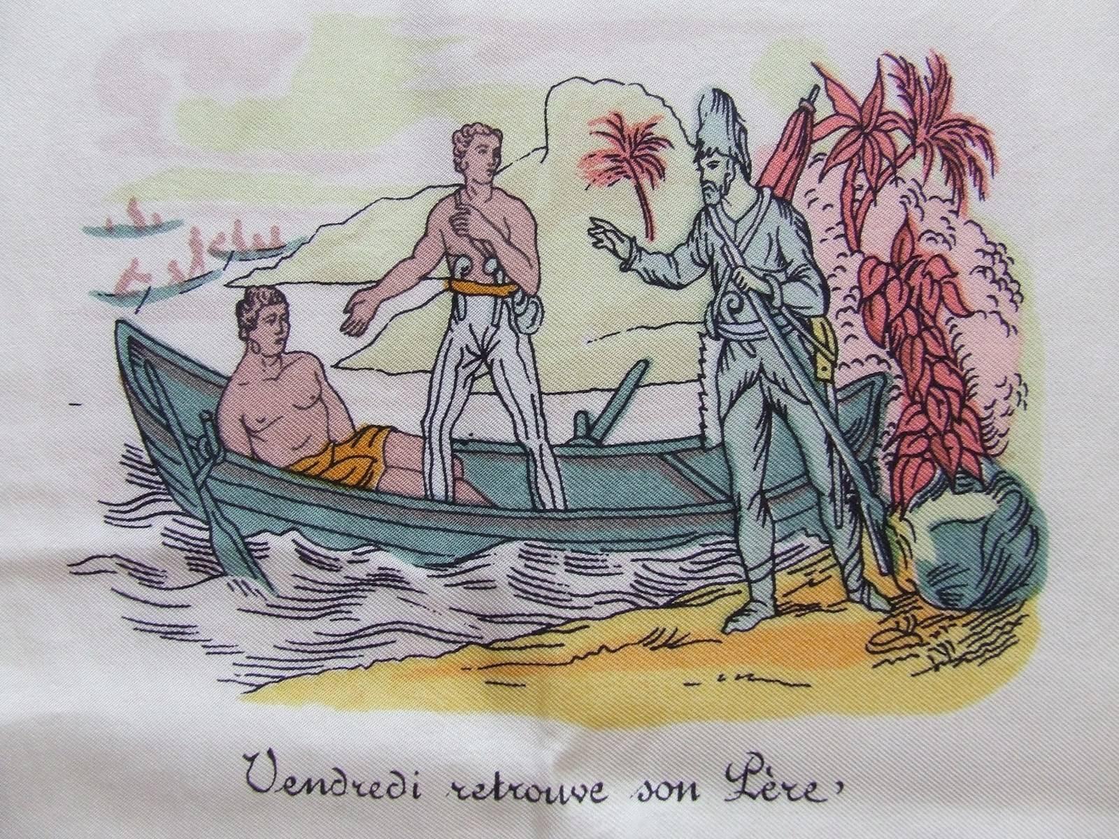 Rare Hermes Silk Sarf L Ile De Robinson Crusoe En Neuf Tableaux  4