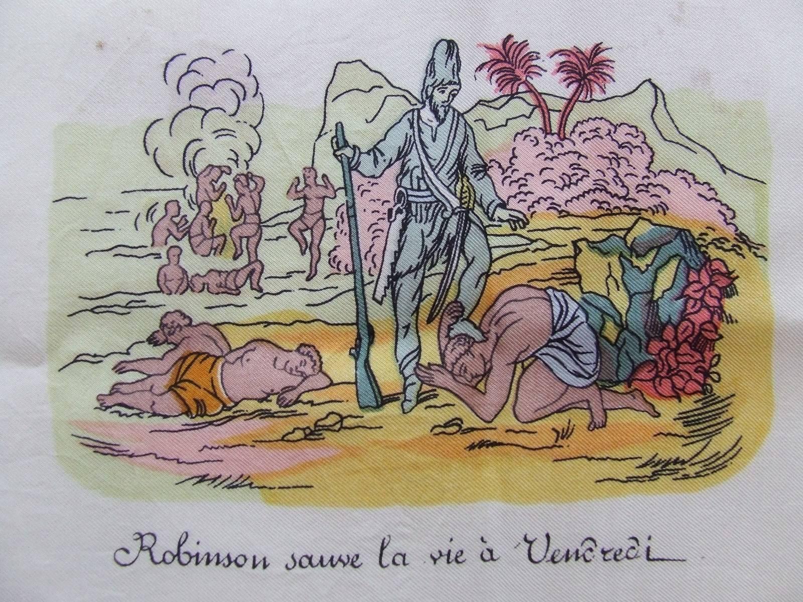 Rare Hermes Silk Sarf L Ile De Robinson Crusoe En Neuf Tableaux  5