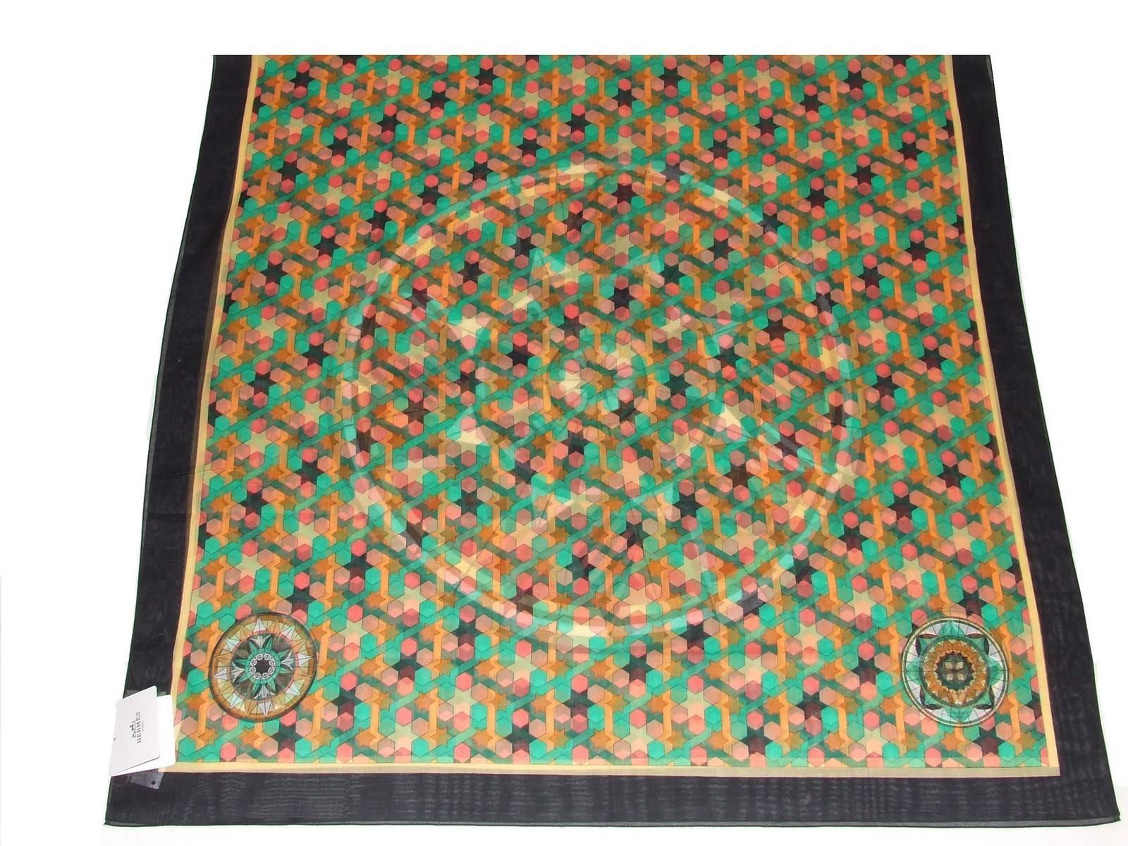 Brown Hermes Sarong Pareo Shawl Scarf Rose de Compas Green Black 